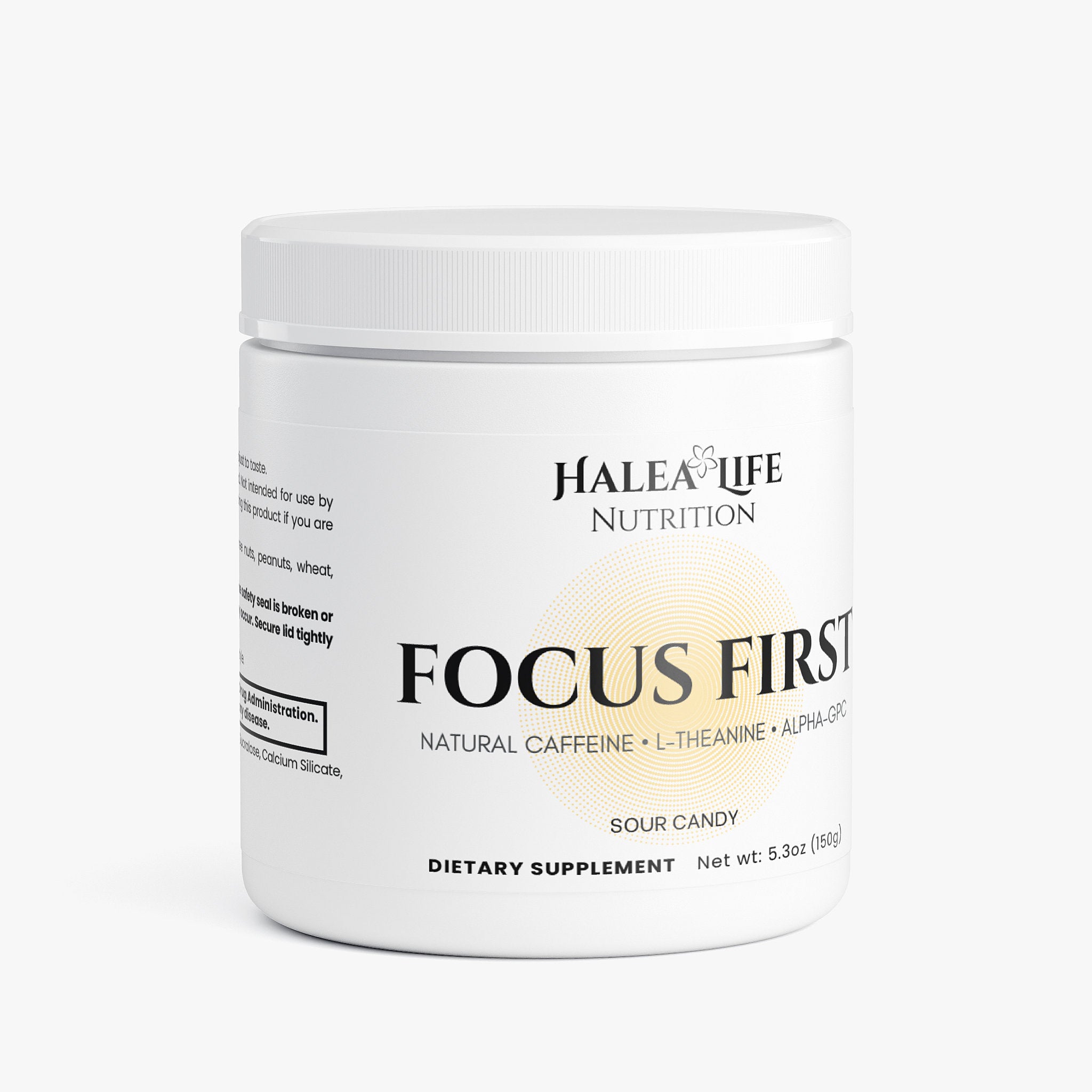 Dietary supplement container labeled 'Focus First' by Halea Life Nutrition on a white background.