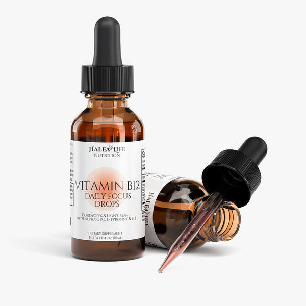 Halea Life Vitamin B12 Daily Focus Drops bottle with Lion's Mane Cordyceps and Alpha GPC complex