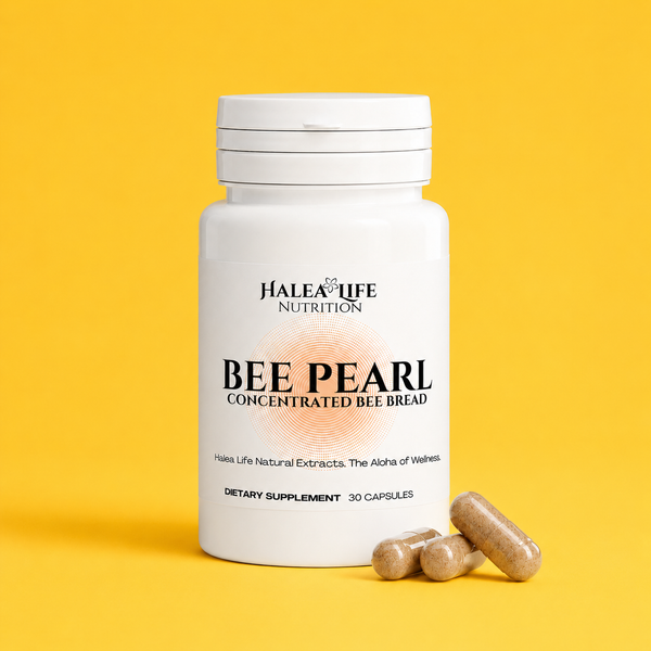 Bottle of Halea Life Nutrition Bee Pearl Concentrated Bee Bread supplement on a yellow background