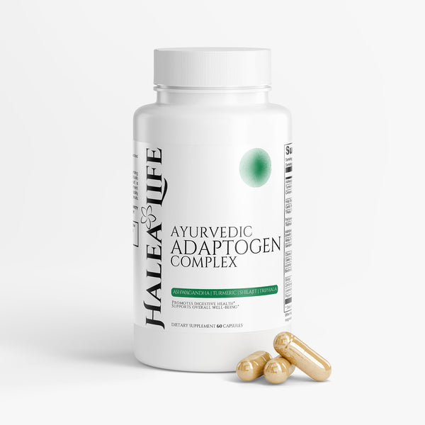 Halea Life Ayurvedic Adaptogen Complex supplement bottle with capsules on a white background