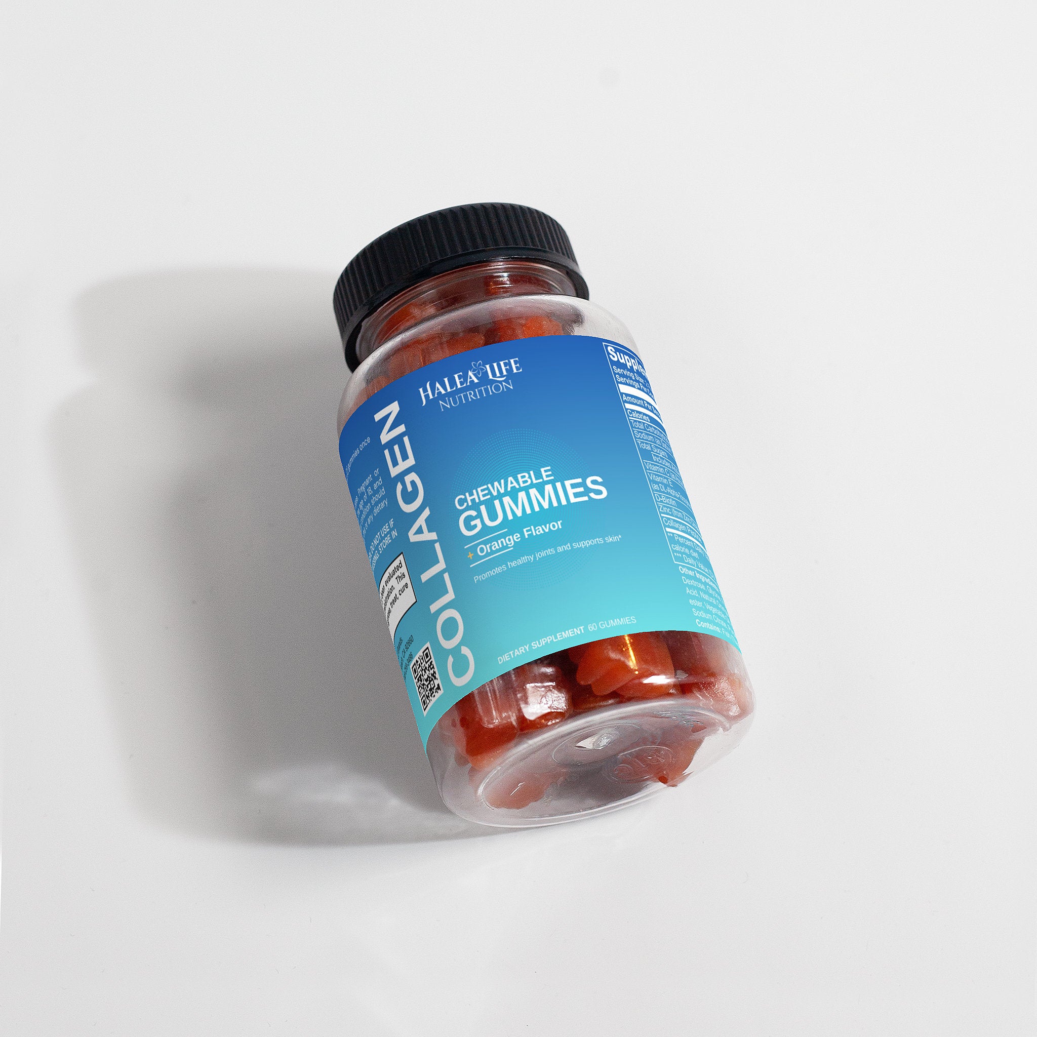 Jar of HALA LIFE Nutrition collagen chewable gummies on a light gray background