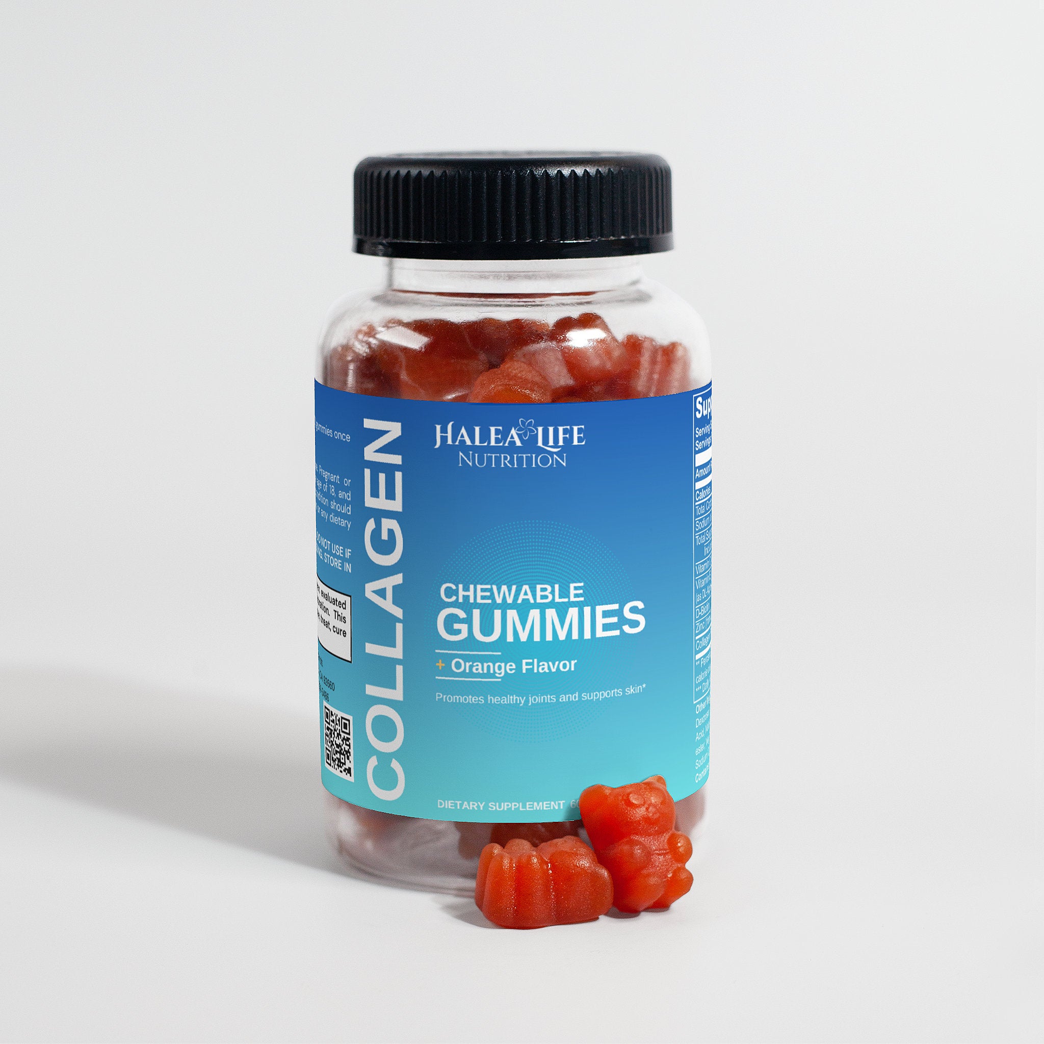 Jar of Halea Life Nutrition collagen chewable gummies on a light gray background