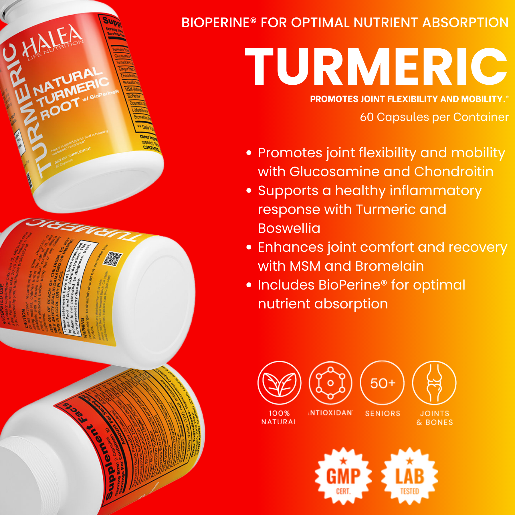 Turmeric supplement containers with promotional text on a red background