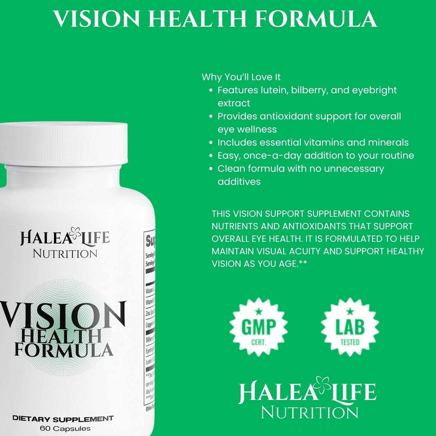 Halea Life Nutrition Vision Health Formula dietary supplement bottle with two capsules on a white background