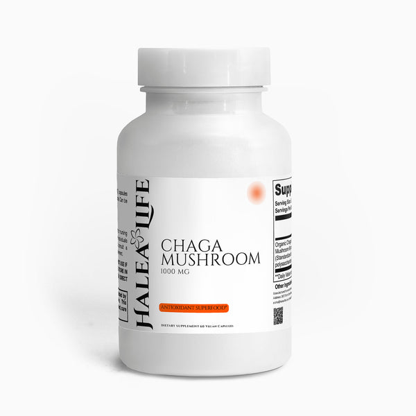 Supplement bottle labeled 'Chaga Mushroom' by Halea Life on a white background