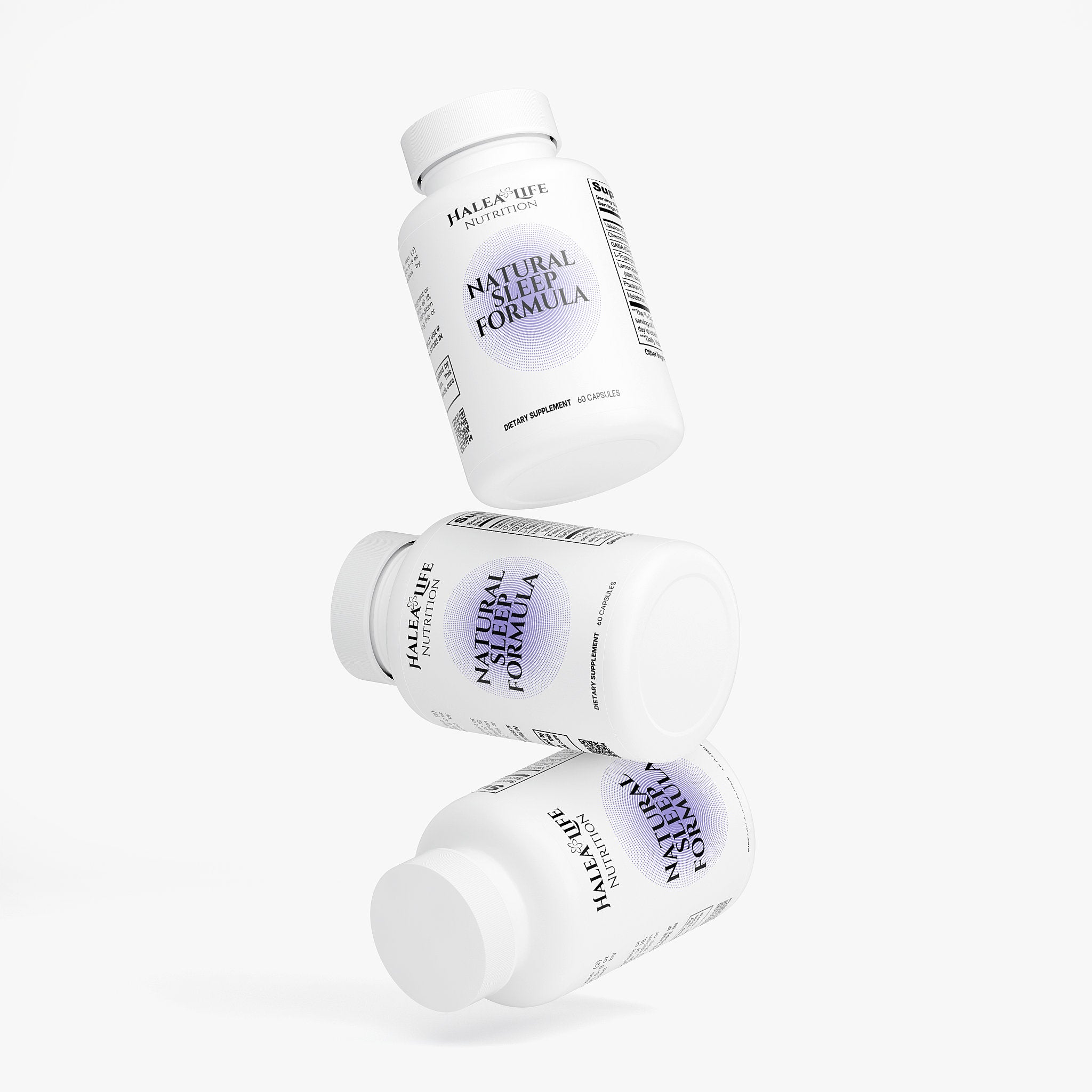 Three bottles of Halle Life Natural Sleep Formula on a white background