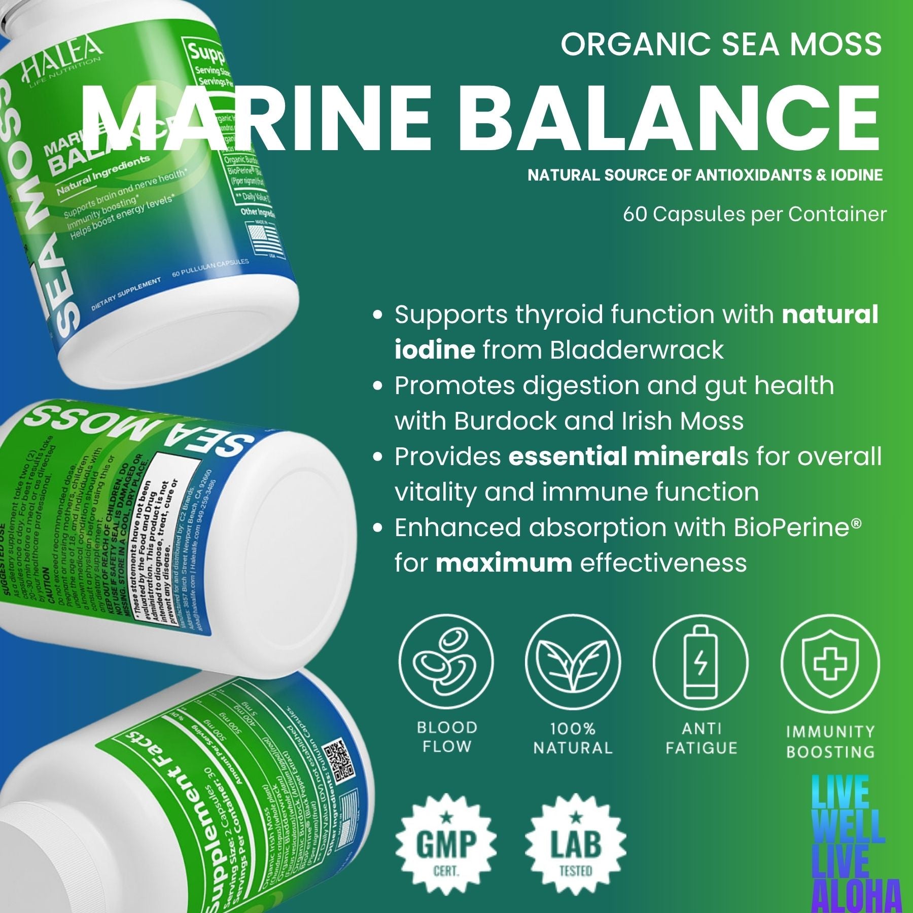 Sea moss supplement containers with product details on a green background