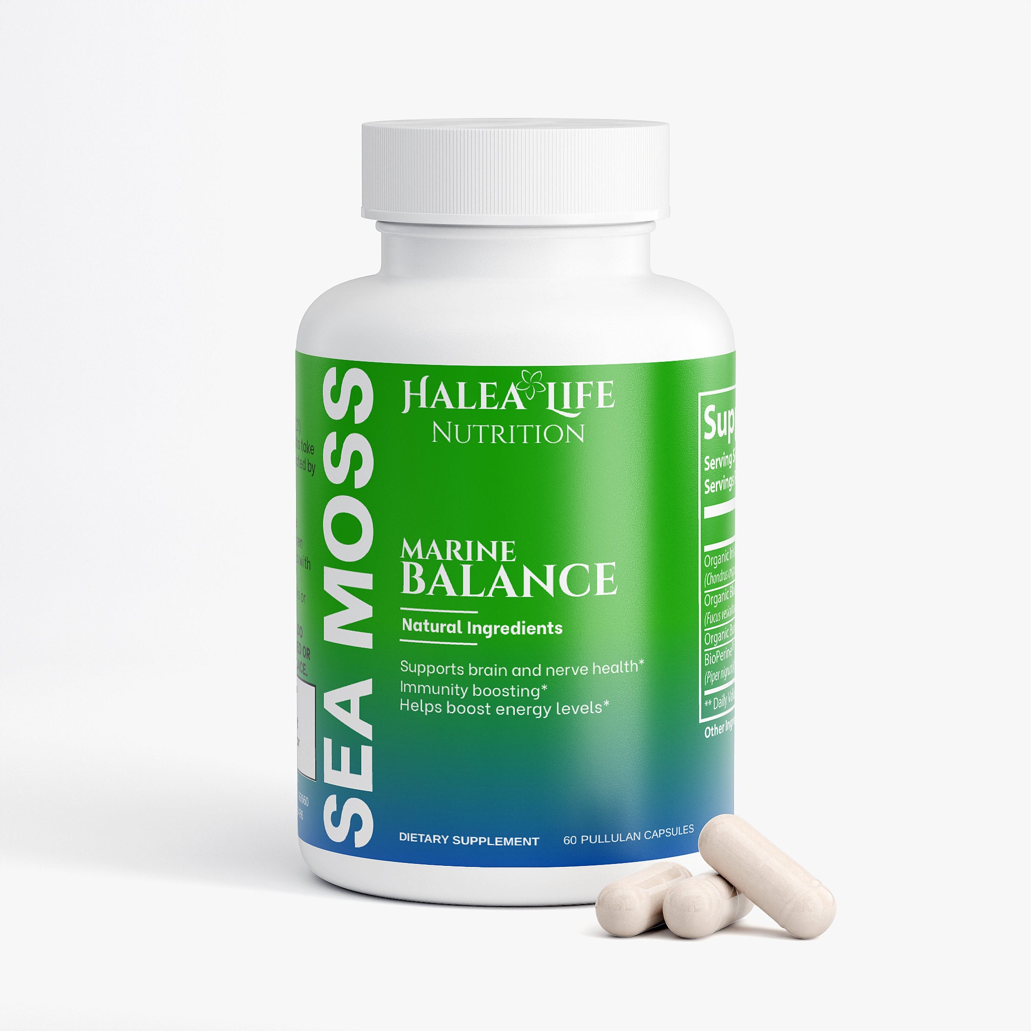 Halea Life Nutrition Sea Moss Marine Balance supplement bottle with capsules on a white background