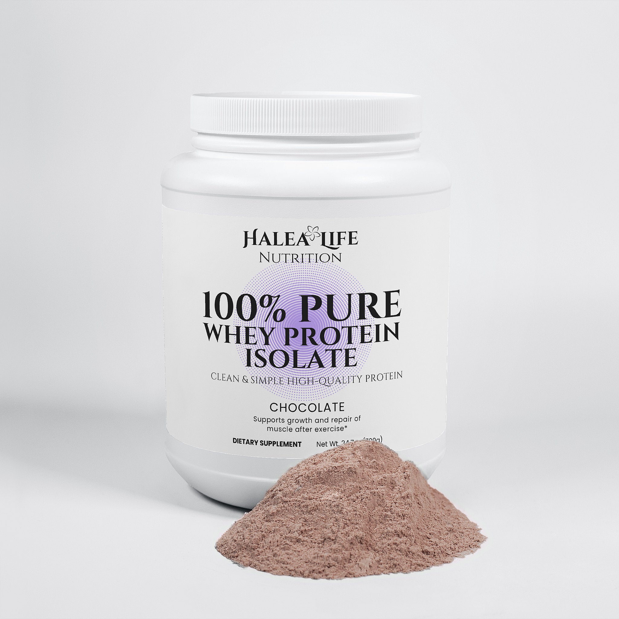Halea Life Nutrition 100% Pure Whey Protein Isolate container with protein powder on a white background