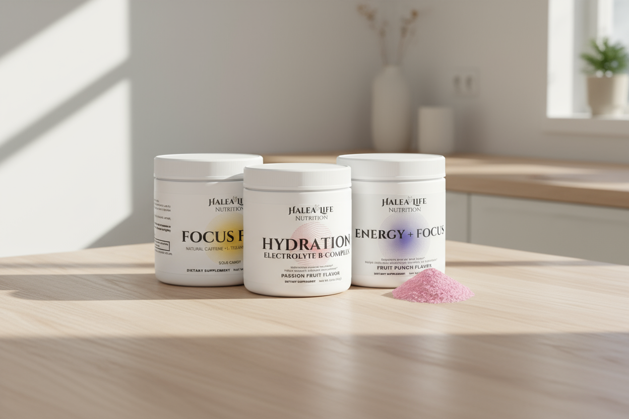 Three containers of Halea Life Nutrition supplements on a white background