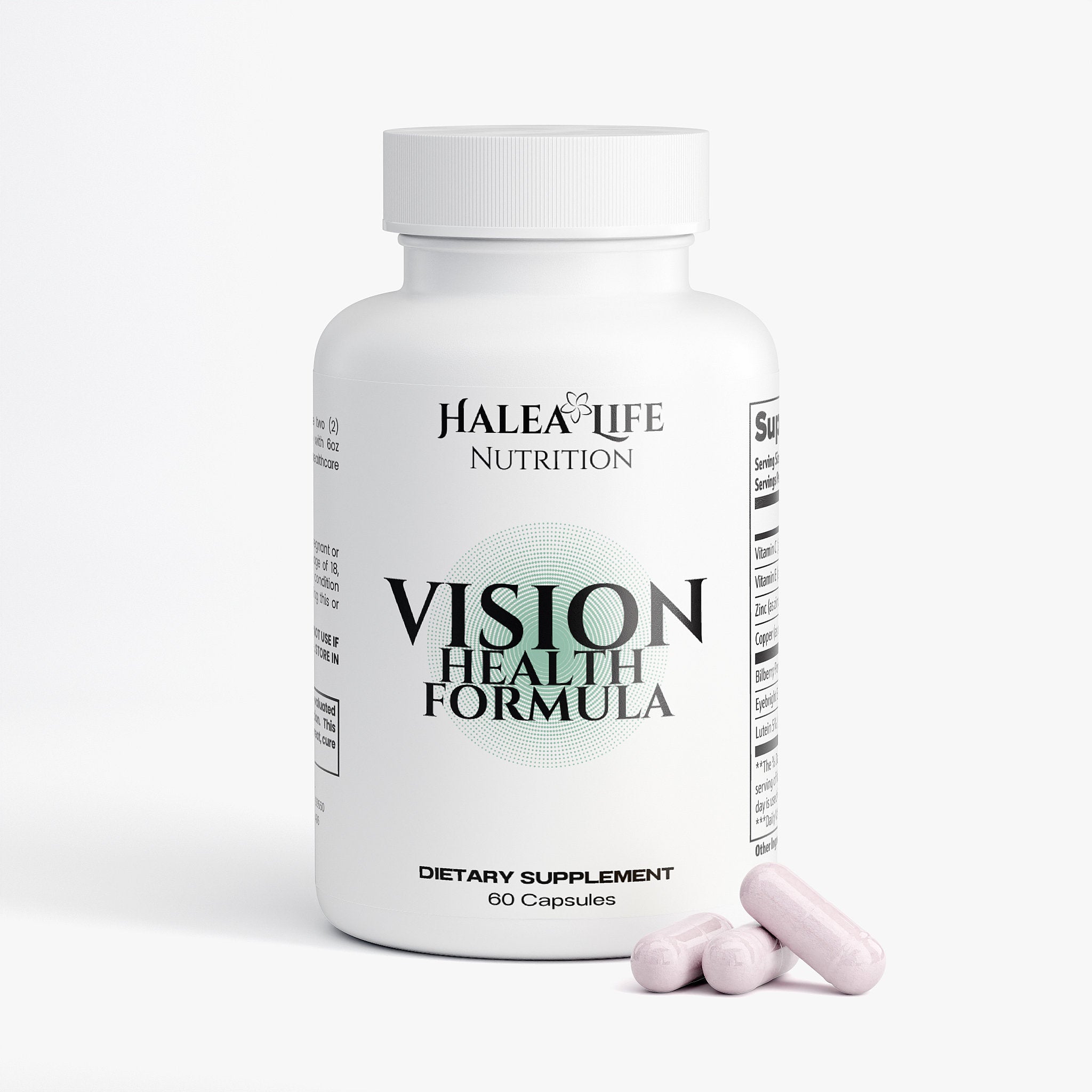 Halea Life Nutrition Vision Health Formula dietary supplement bottle with two capsules on a white background