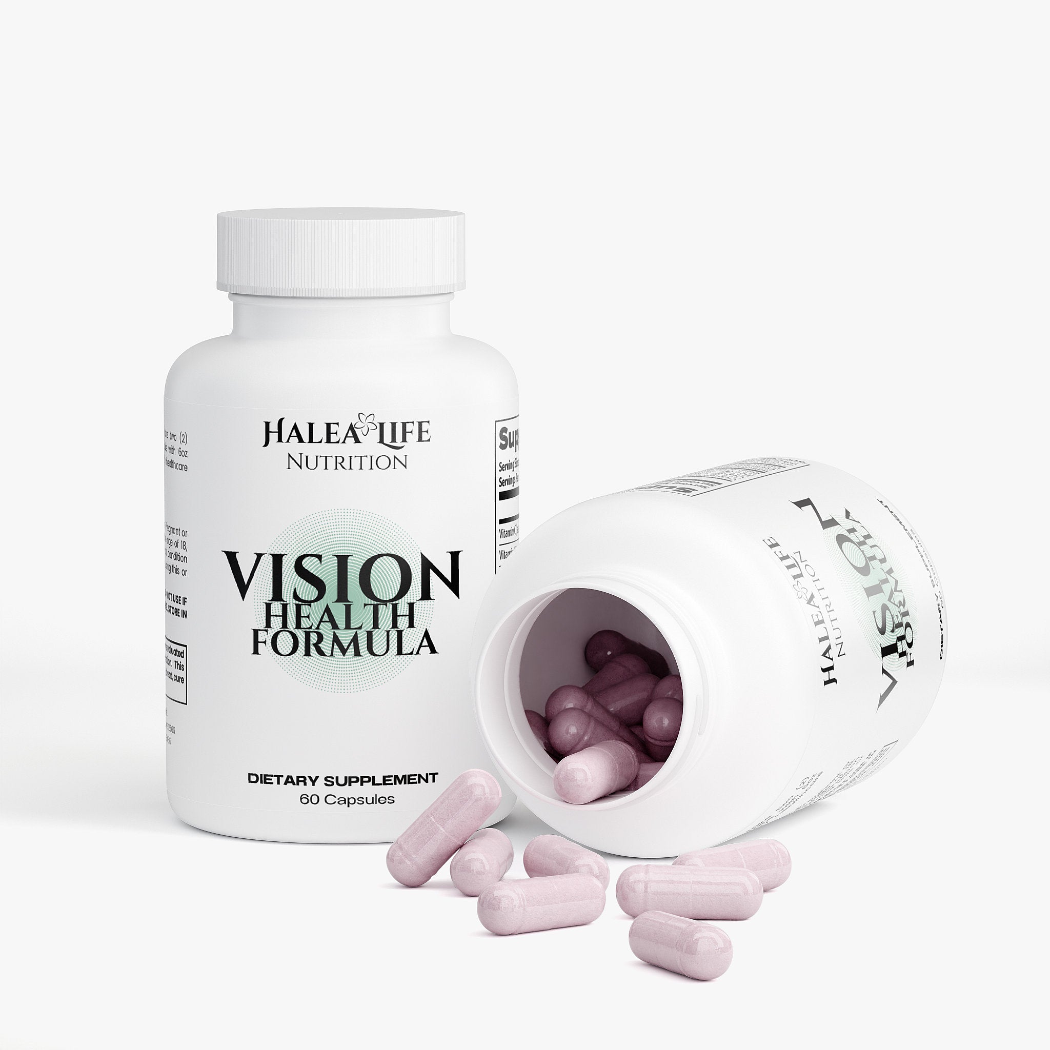 Halea Life Nutrition Vision Health Formula supplement bottle with open lid showing pink capsules on a white background