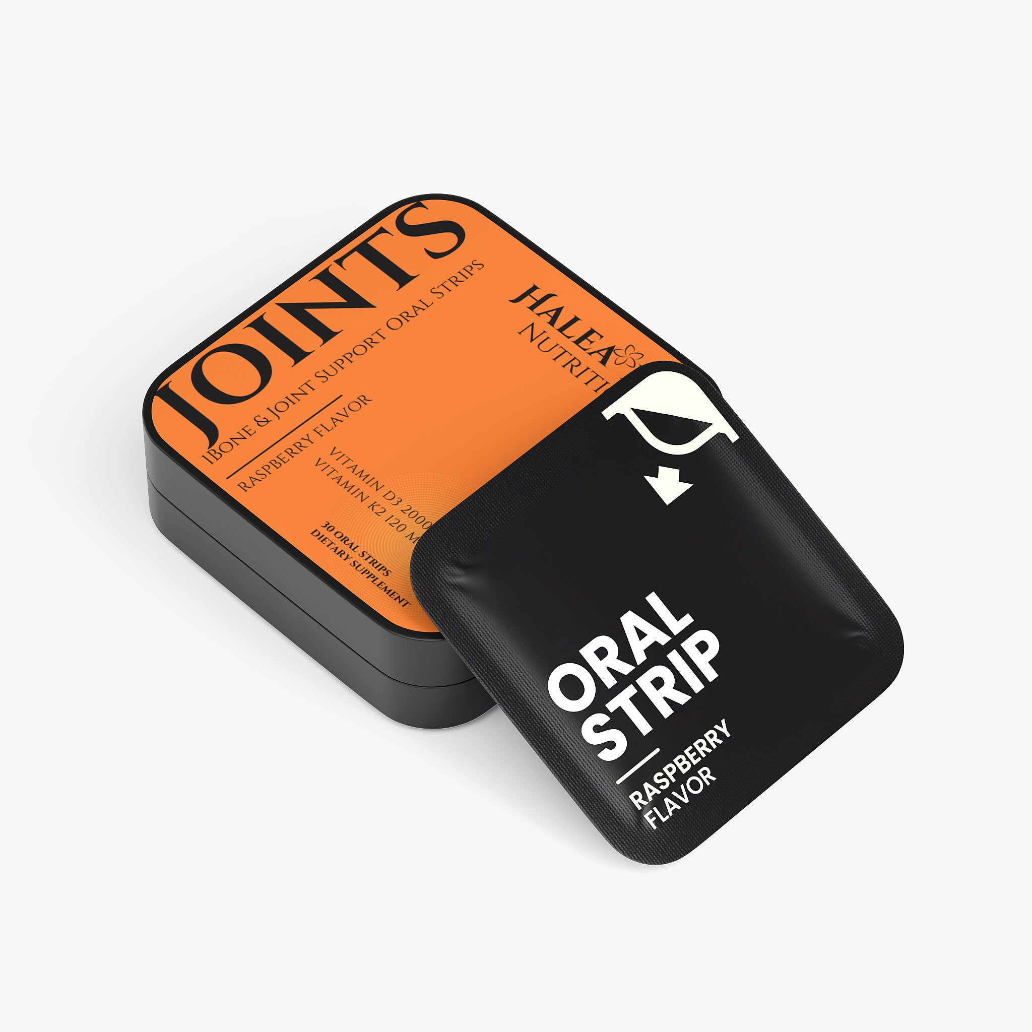 Orange and black packaging of Halex Nutraceuticals oral strips on a white background