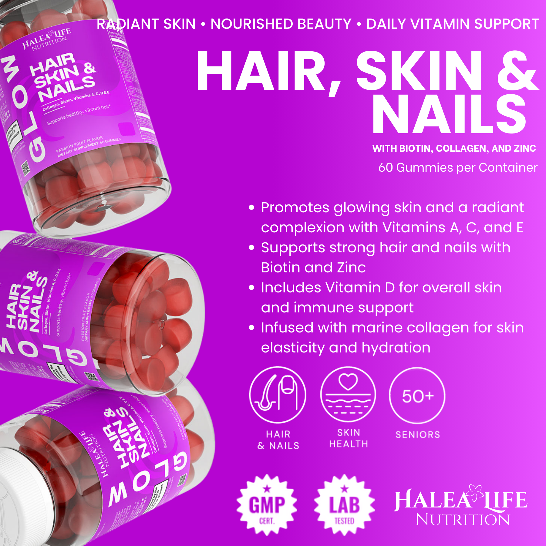 Halea Life Nutrition Halea Life Glow Gummies – With Biotin, Vitamins A, C, D & E for Natural Beauty