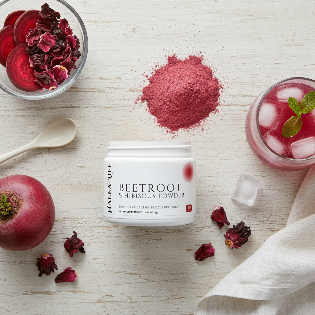 Beetroot and hibiscus powder jar with ingredients on a light wooden surface
