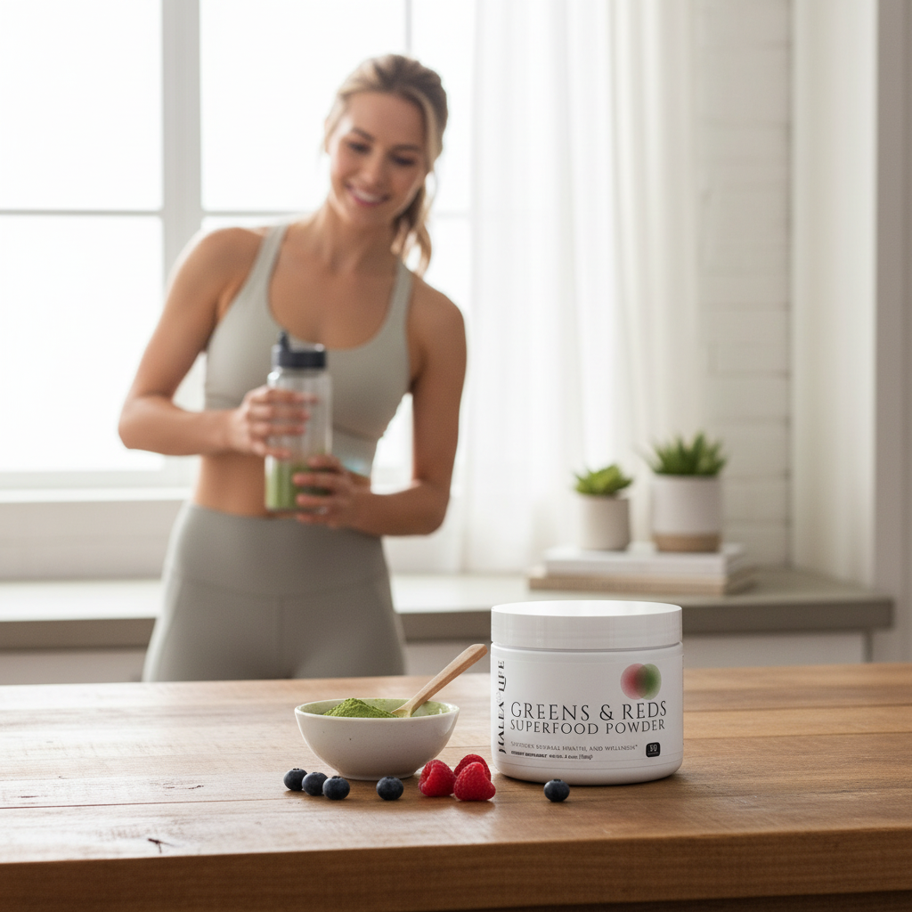 Woman holding a water bottle with a bowl of greens and a container of superfood powder on a table.