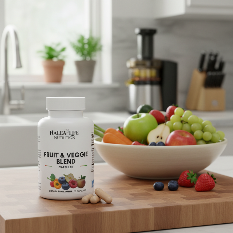 Halea Life Nutrition Fruit & Veggie Blend supplement bottle on a kitchen counter with a bowl of fruits and vegetables.