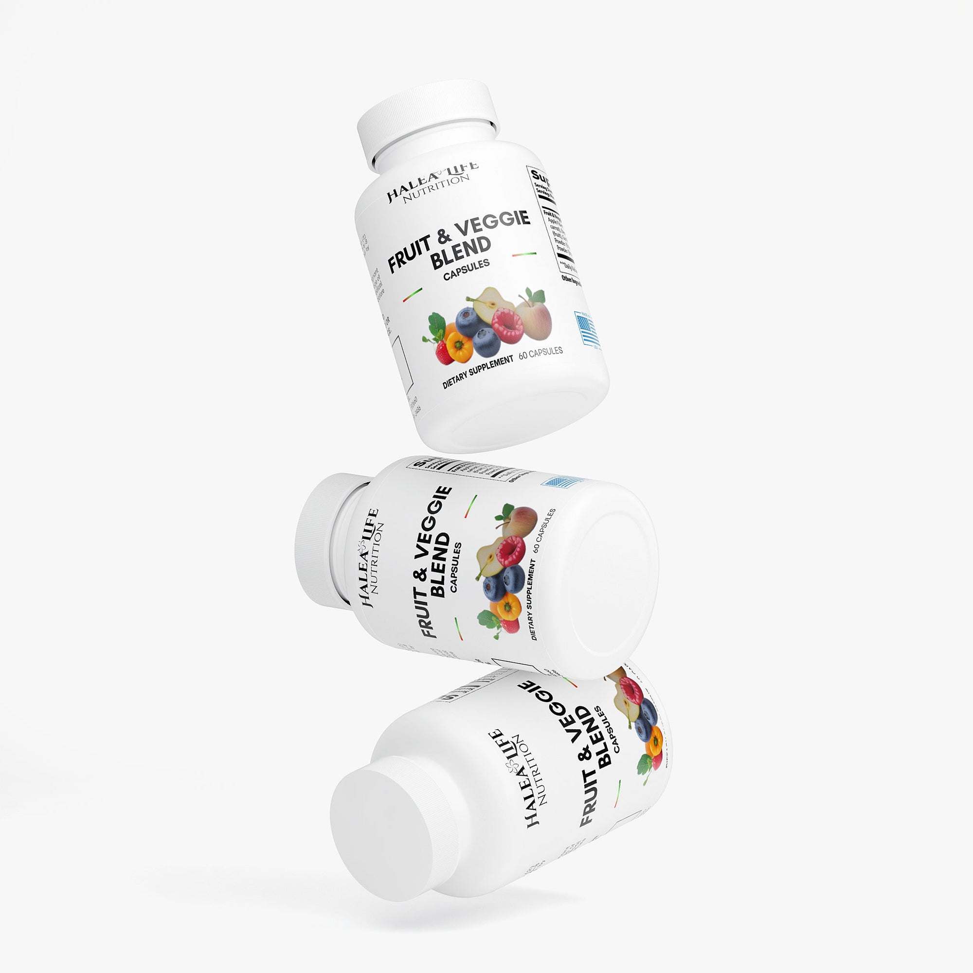 Three bottles of Halalife Fruit & Veggie Blend on a white background