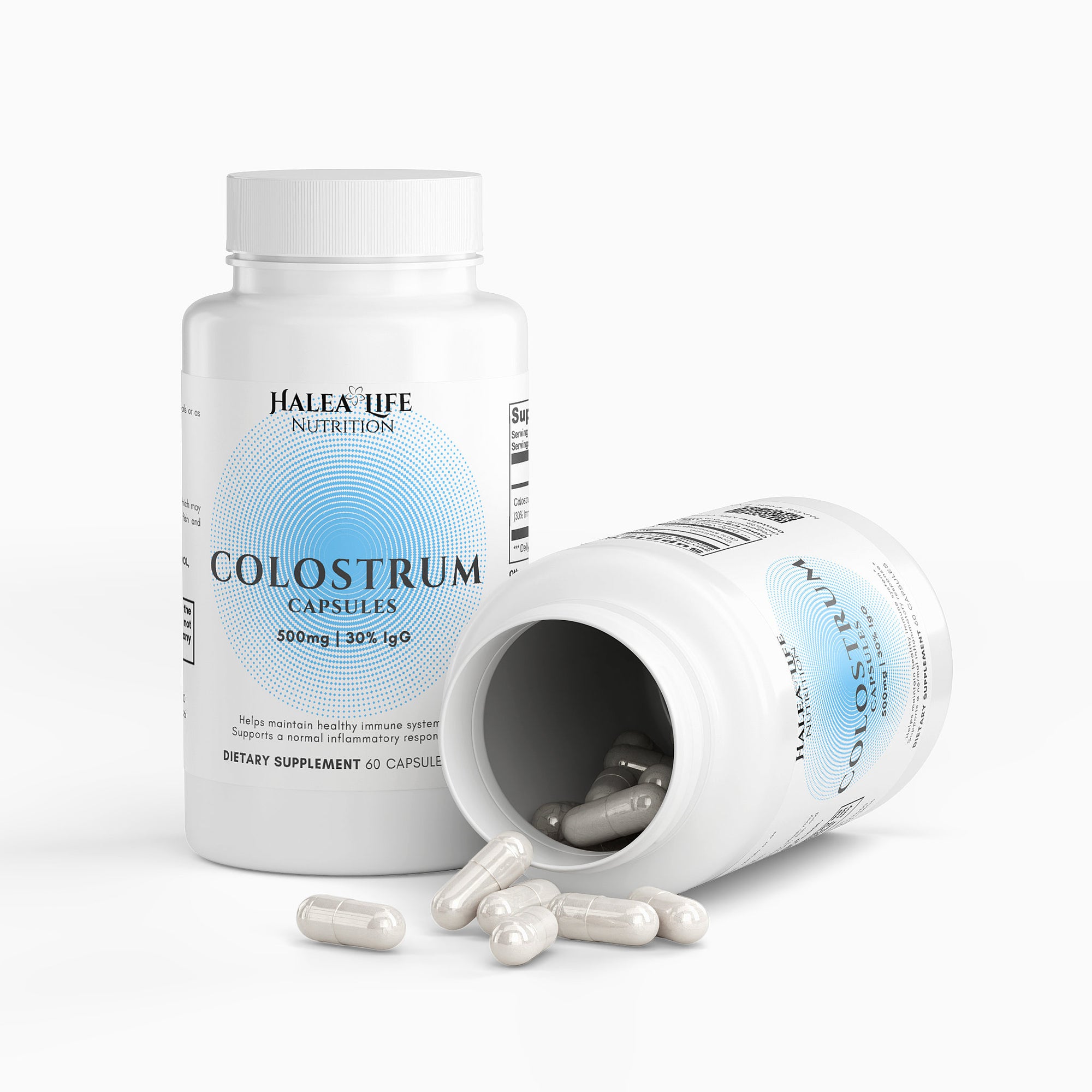 Halea Life Nutrition Colostrum capsules on a white background