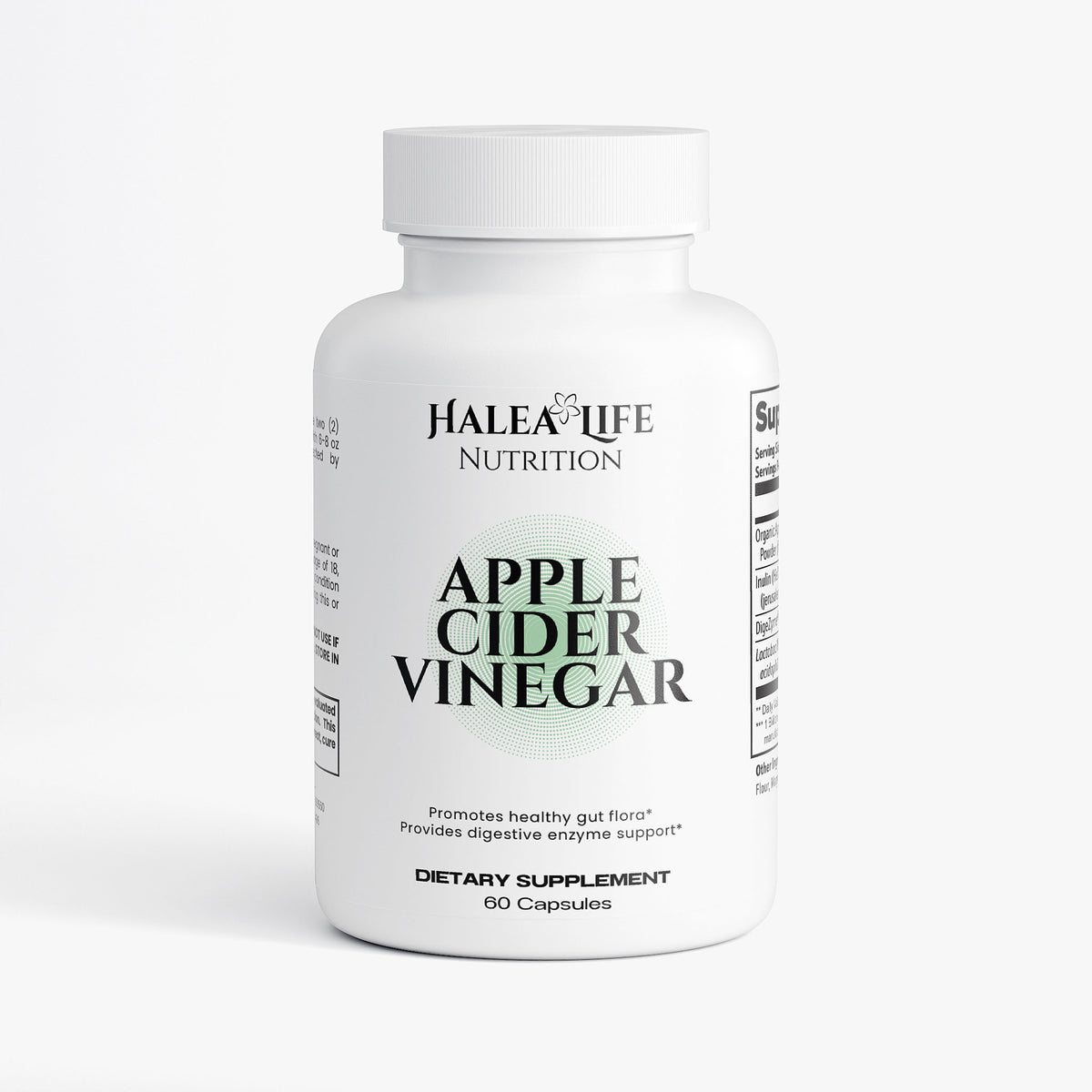 Halea Life Nutrition Apple Cider Vinegar dietary supplement bottle on a white background