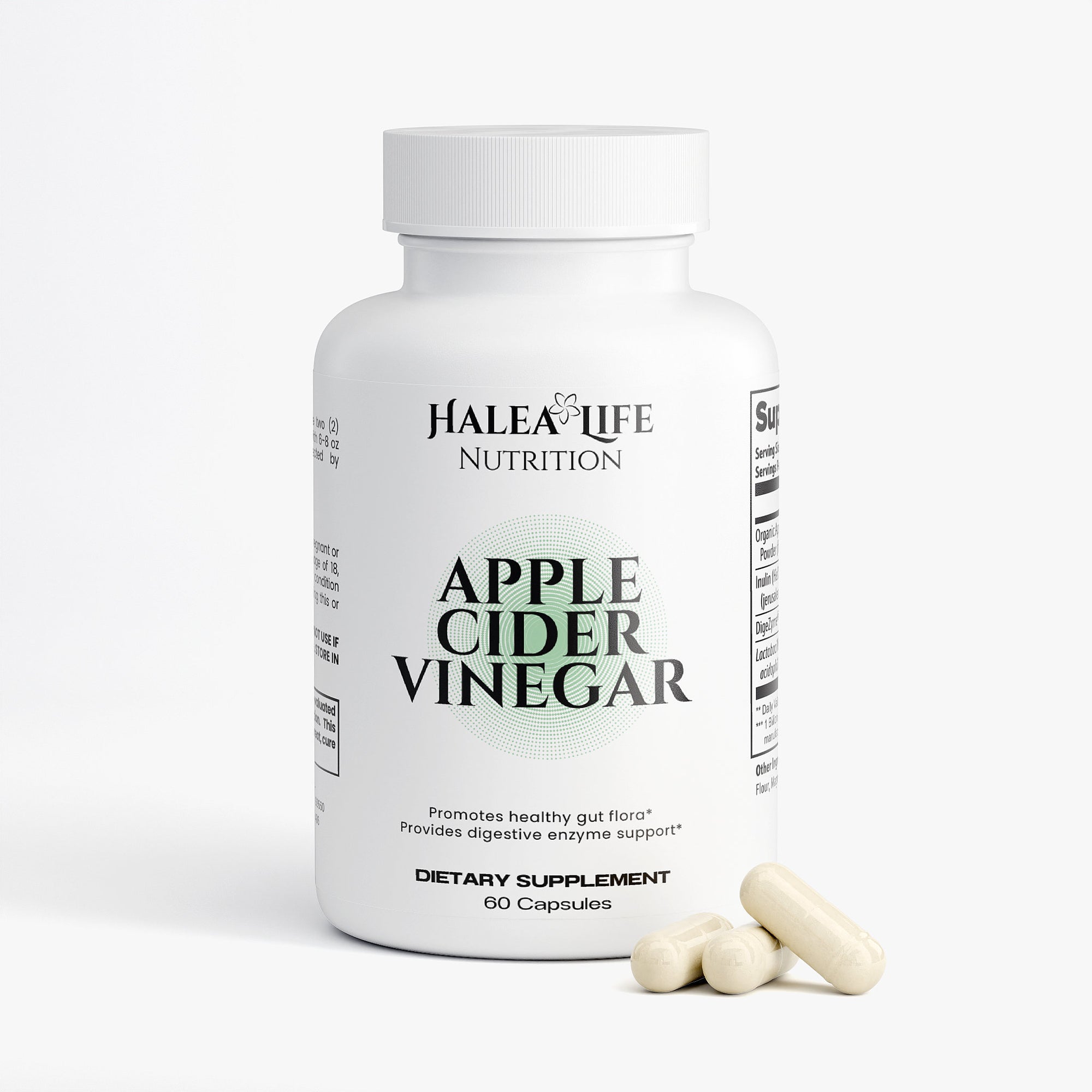 Halea Life Nutrition Apple Cider Vinegar dietary supplement bottle with capsules 