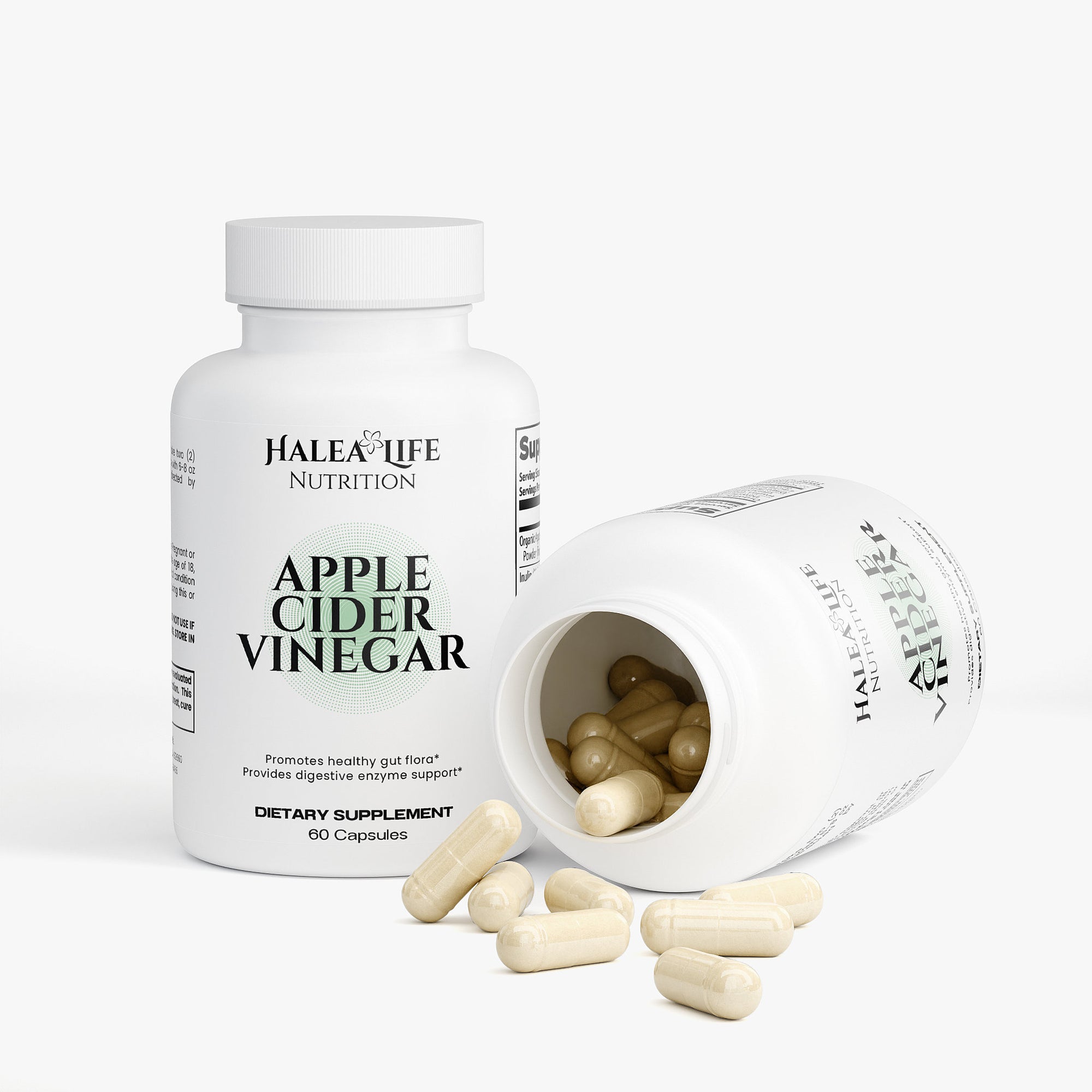Halea Life Nutrition Apple Cider Vinegar dietary supplement bottle with open cap on a white background