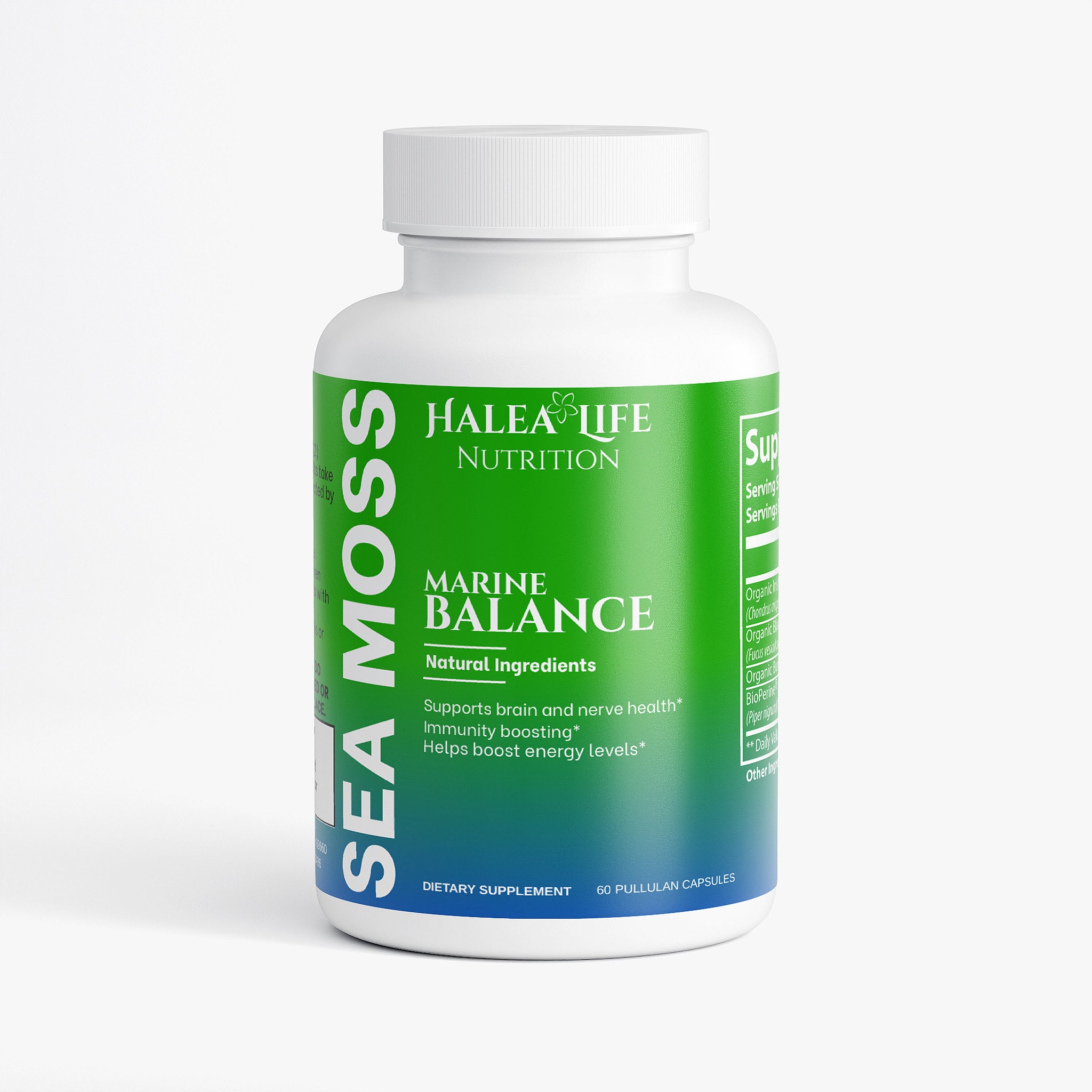 Halea Life Nutrition Sea Moss Marine Balance dietary supplement bottle on a white background
