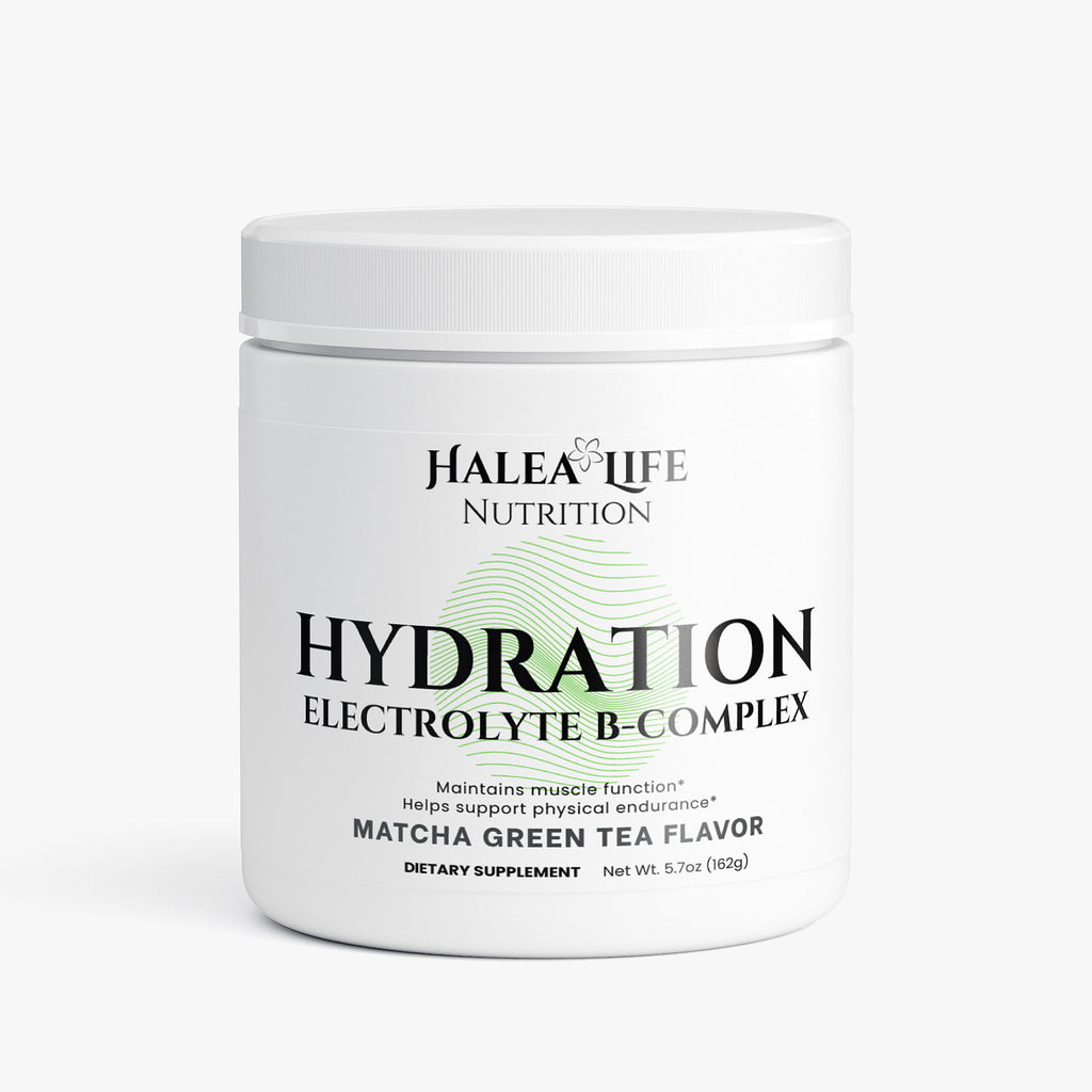 Halea Life Nutrition Hydration Electrolyte B-Complex supplement container on a white background