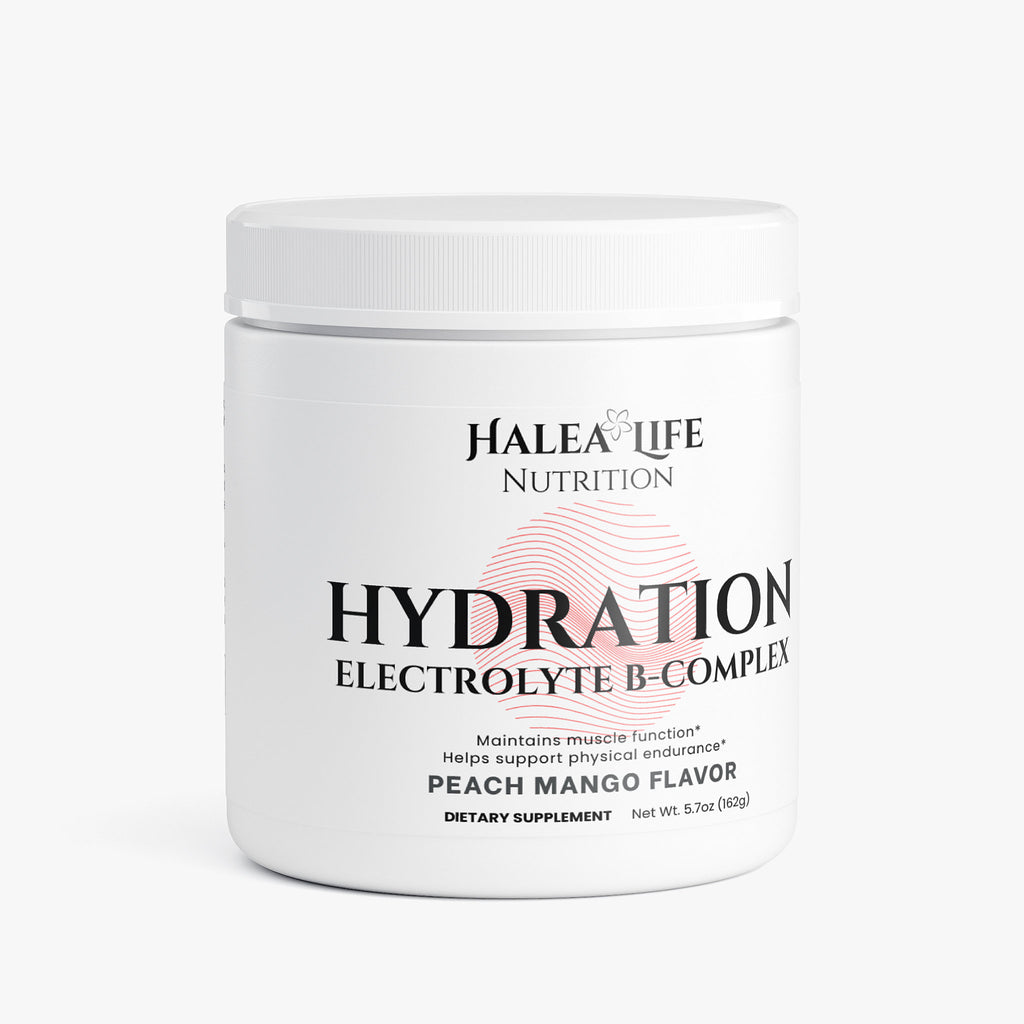 Halea Life Nutrition Hydration Electrolyte B-Complex supplement container on a white background