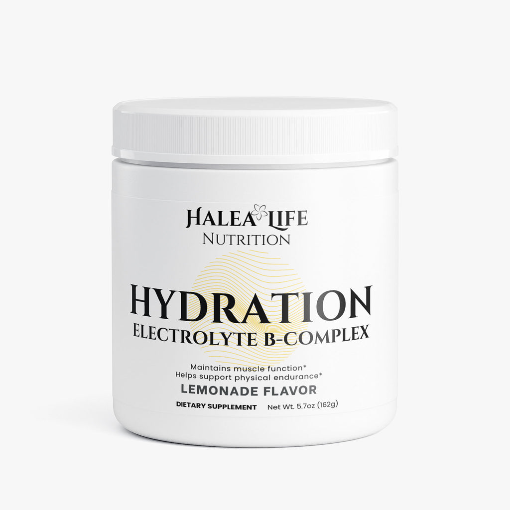 Halea Life Nutrition Hydration Electrolyte B-Complex supplement container on a white background