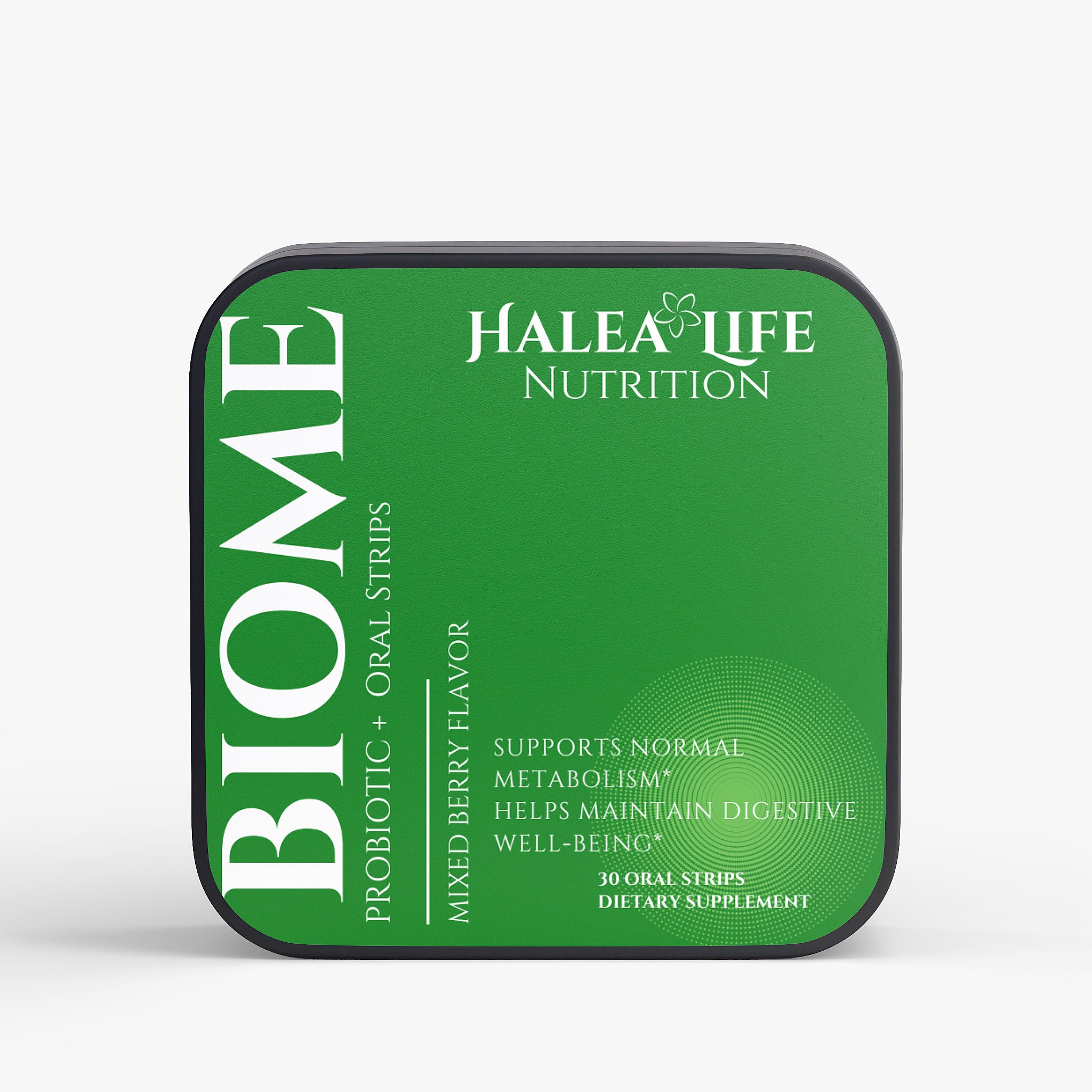 Green container of Halea Life Nutrition BIOME probiotic strips on a white background