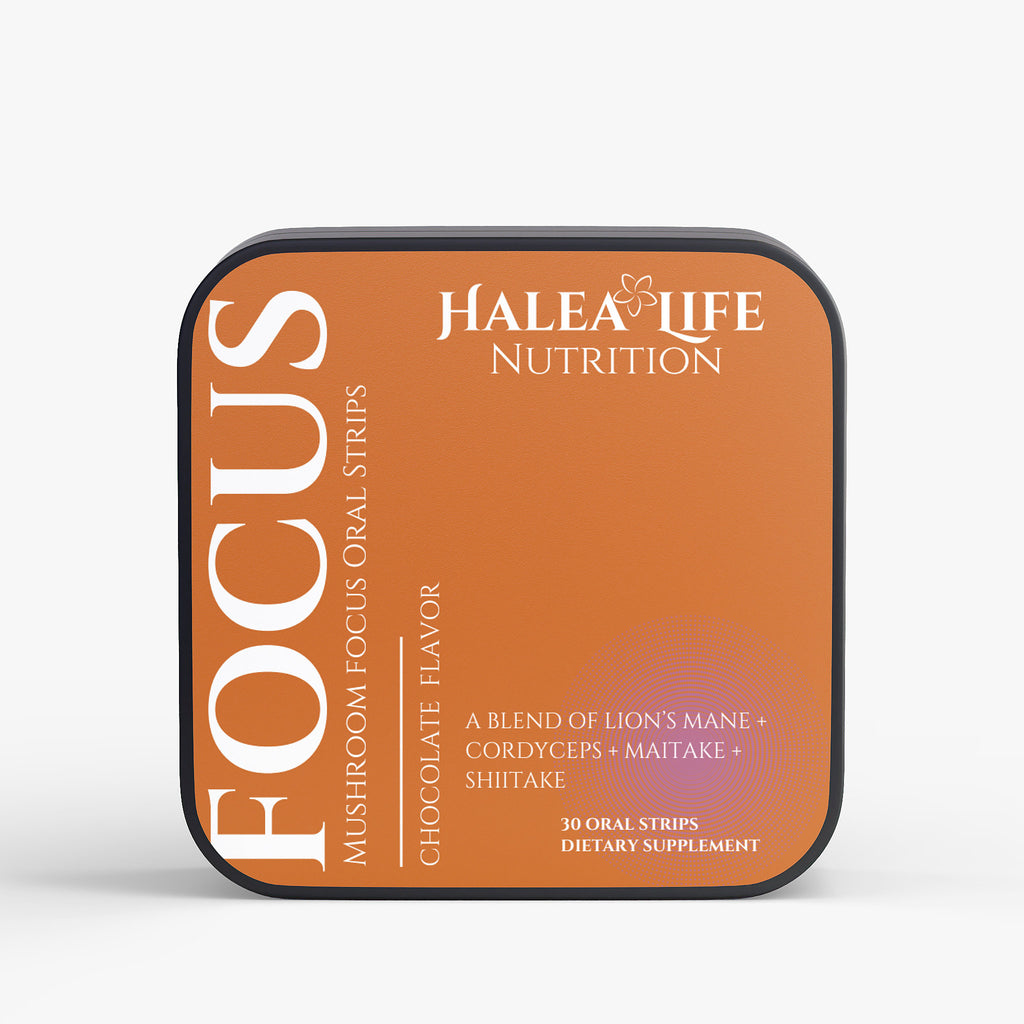 Halea Life Nutrition Focus mushroom strip packaging on a white background