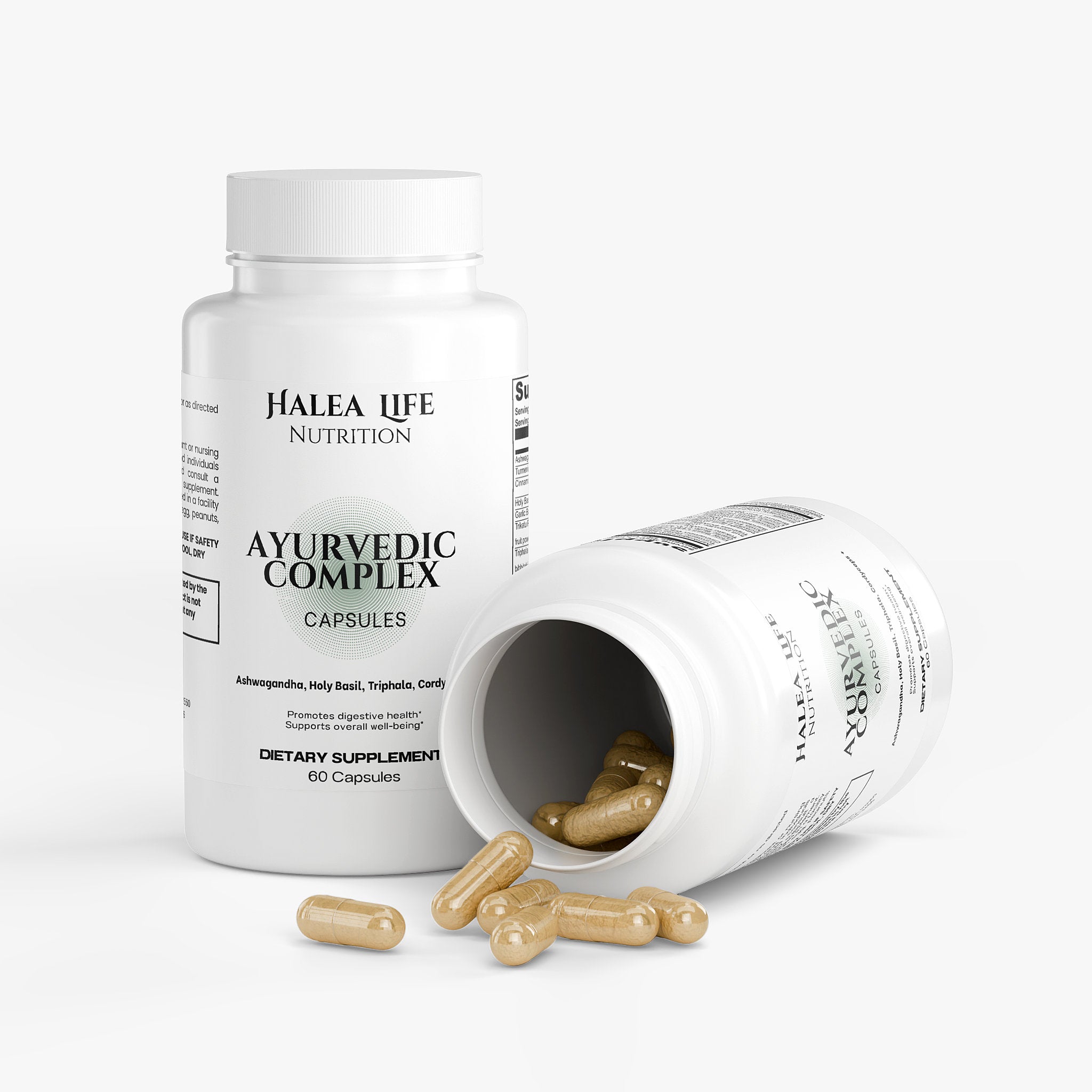Halea Life Nutrition Ayurvedic Complex capsules on a white background