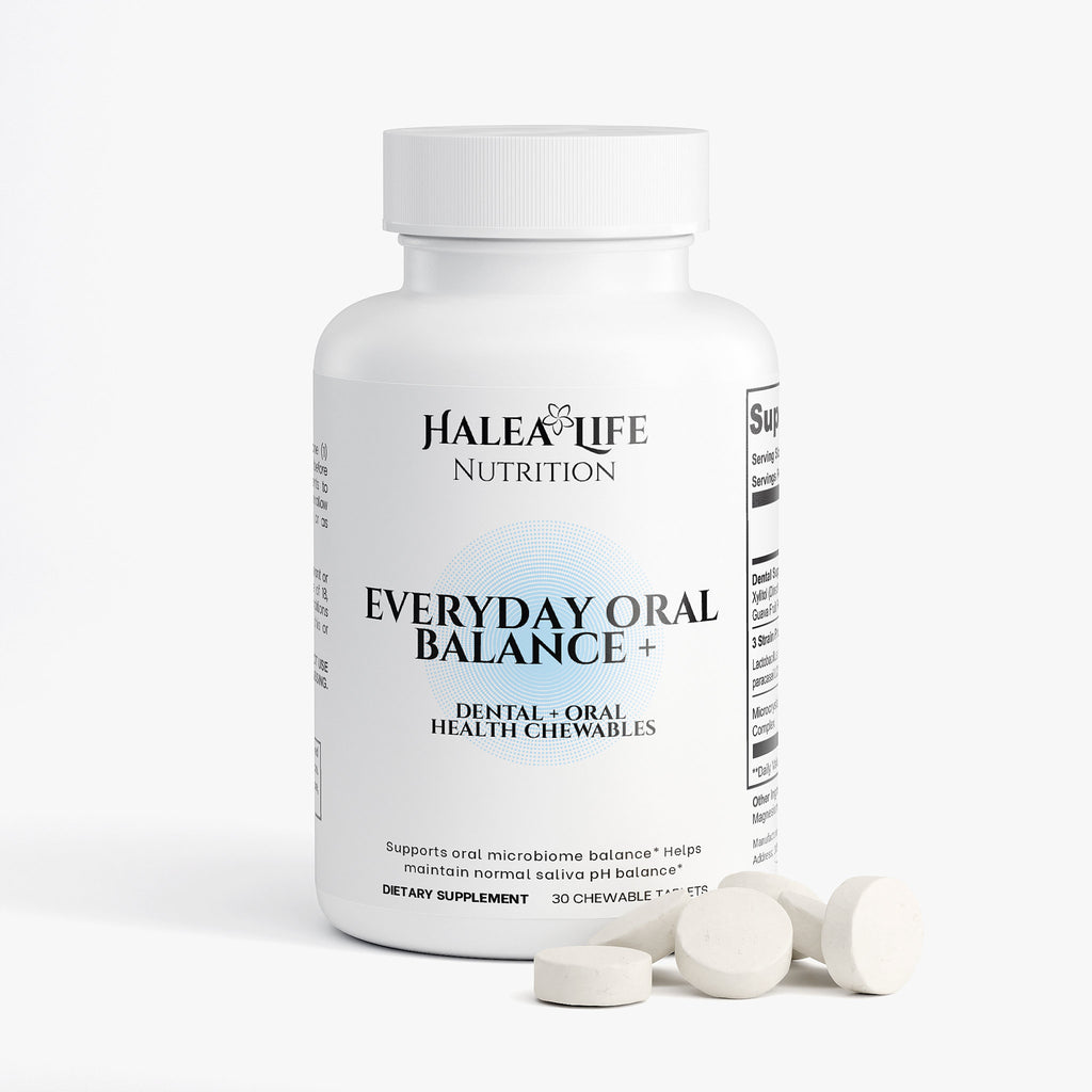 Halea Life Nutrition Everyday Oral Balance supplement bottle with chewables on a white background