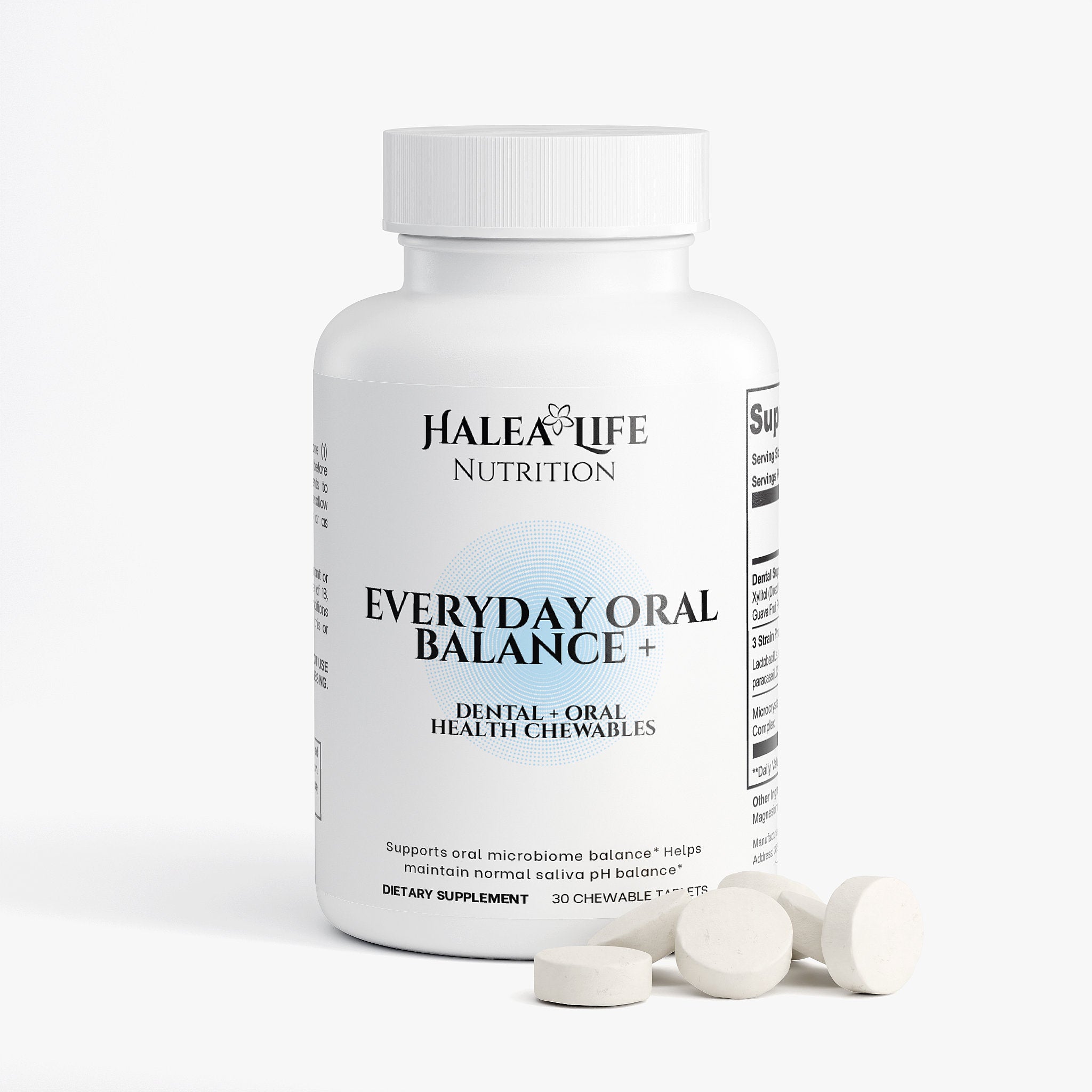 Halea Life Nutrition Everyday Oral Balance supplement bottle with chewables on a white background