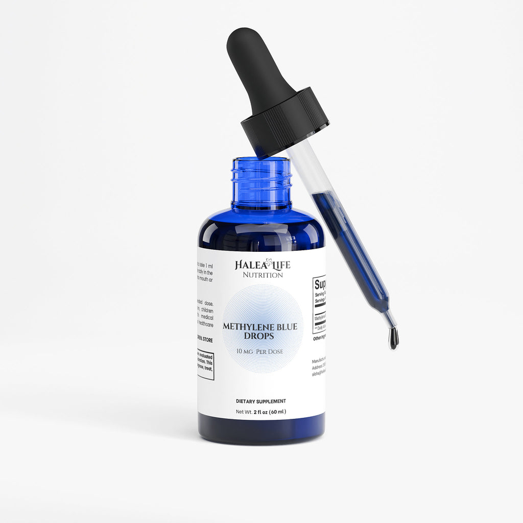 Blue bottle with dropper labeled 'Halea Life' on a white background
