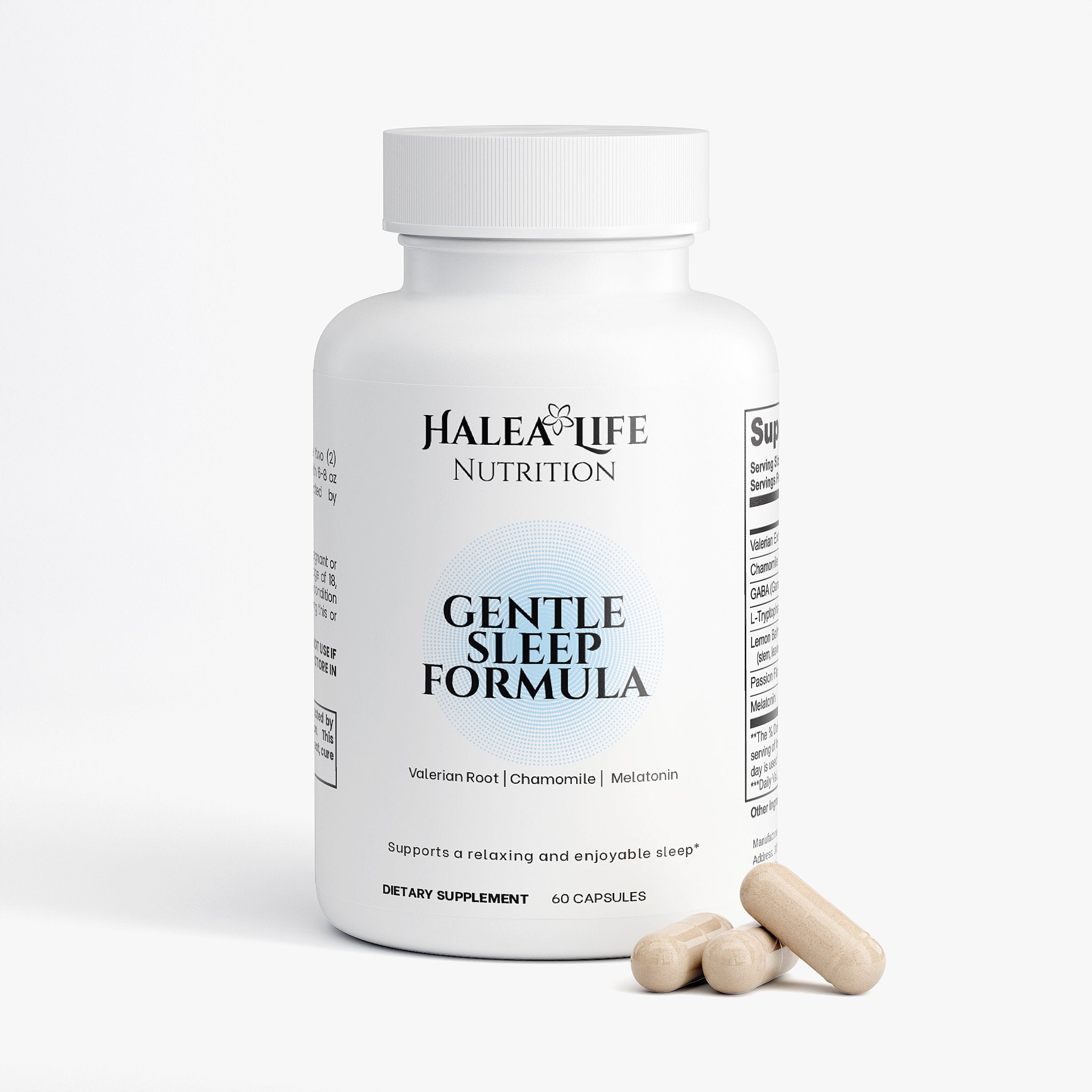 Halea Life Gentle Sleep Formula supplement bottle with capsules on a white background