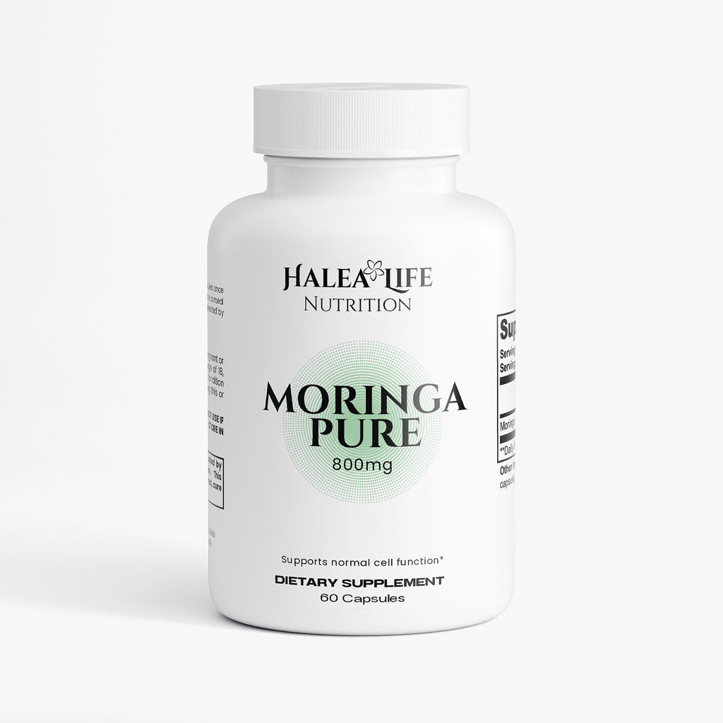 Supplement bottle labeled 'Moringa Pure' by Halea Life Nutrition on a white background