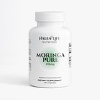 Supplement bottle labeled 'Moringa Pure' by Halea Life Nutrition on a white background