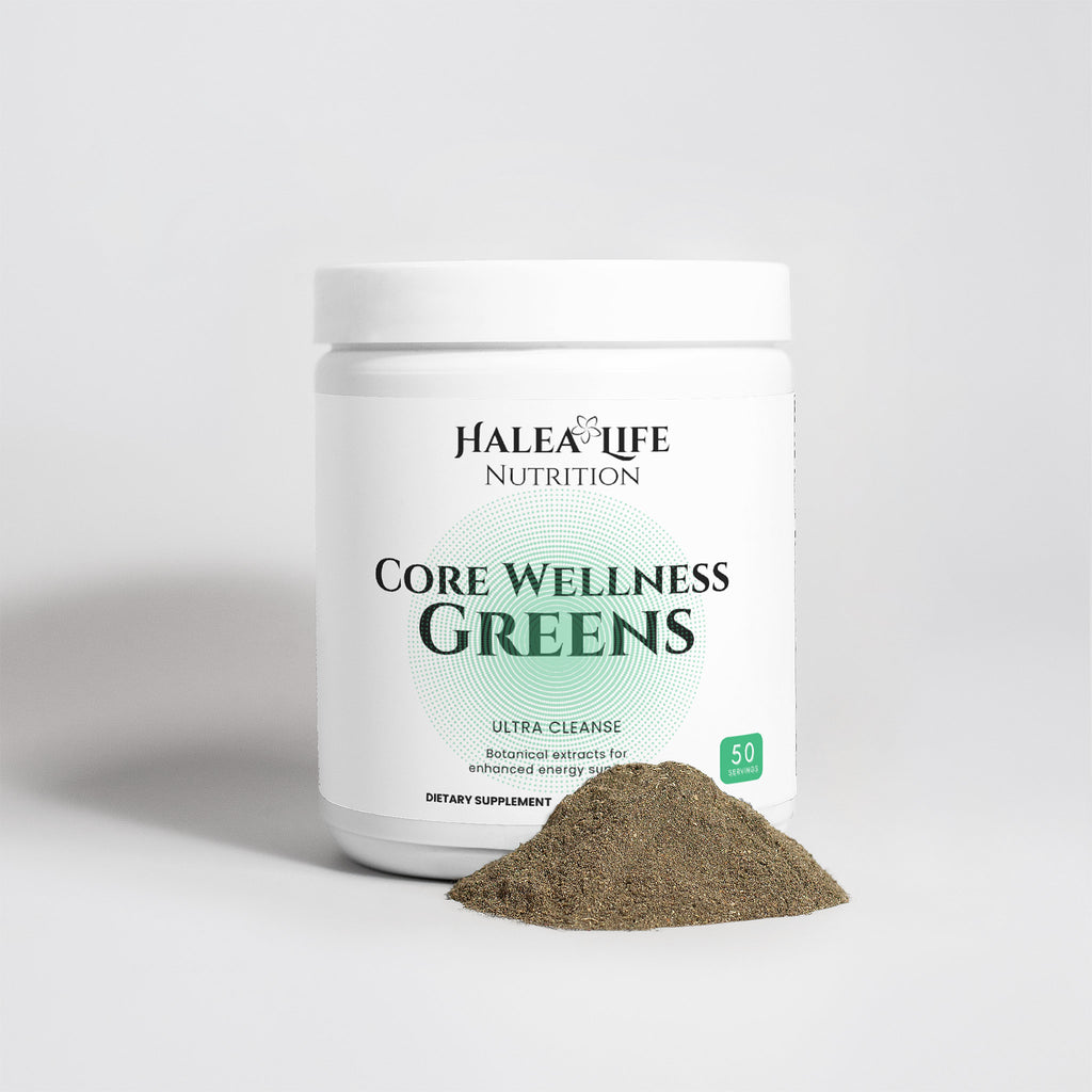 Halea Life Nutrition Core Wellness Greens supplement container with powder on a light gray background