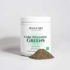 Halea Life Nutrition Core Wellness Greens supplement container with powder on a light gray background