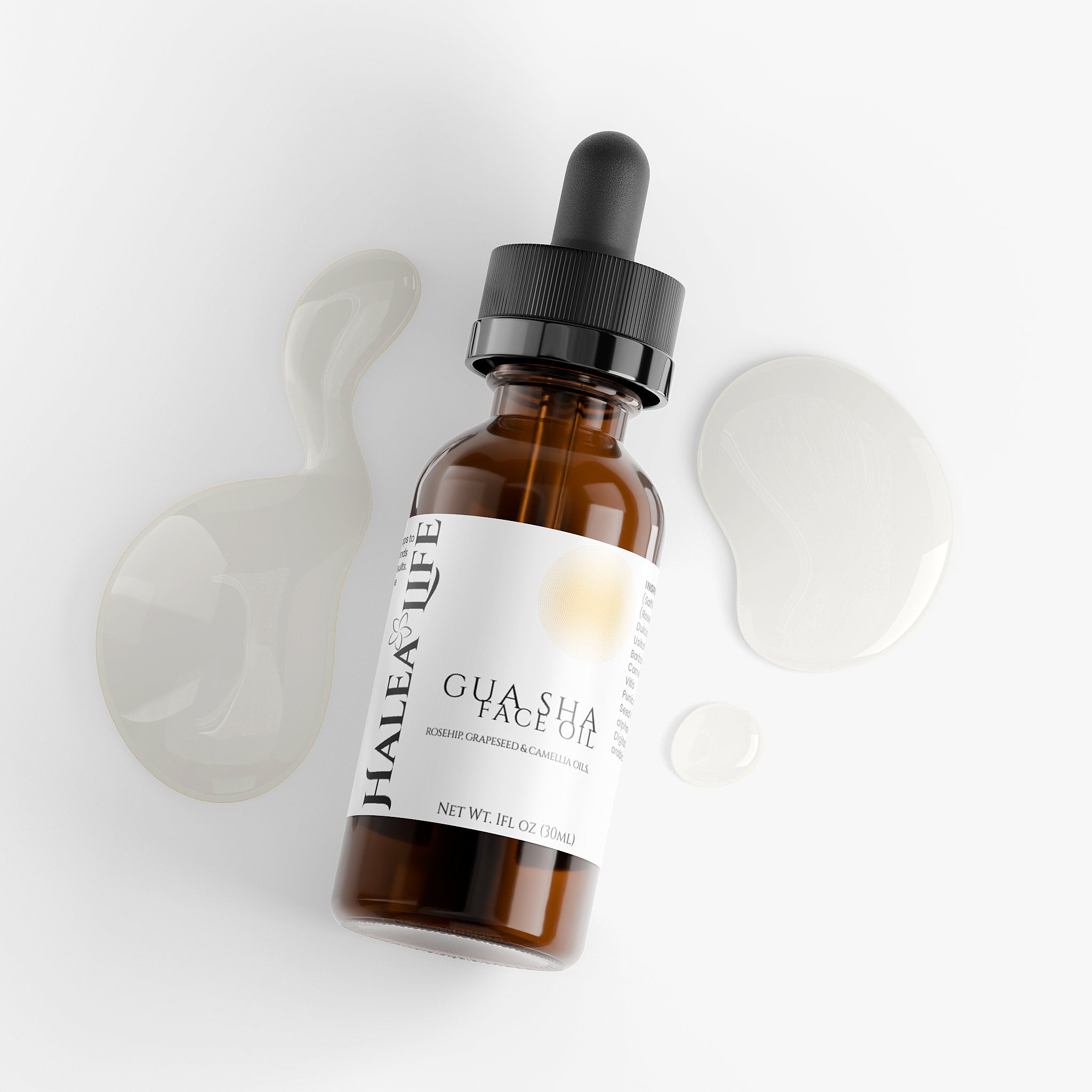 Halea Life Gua Sha Face serum bottle with dropper on a white background