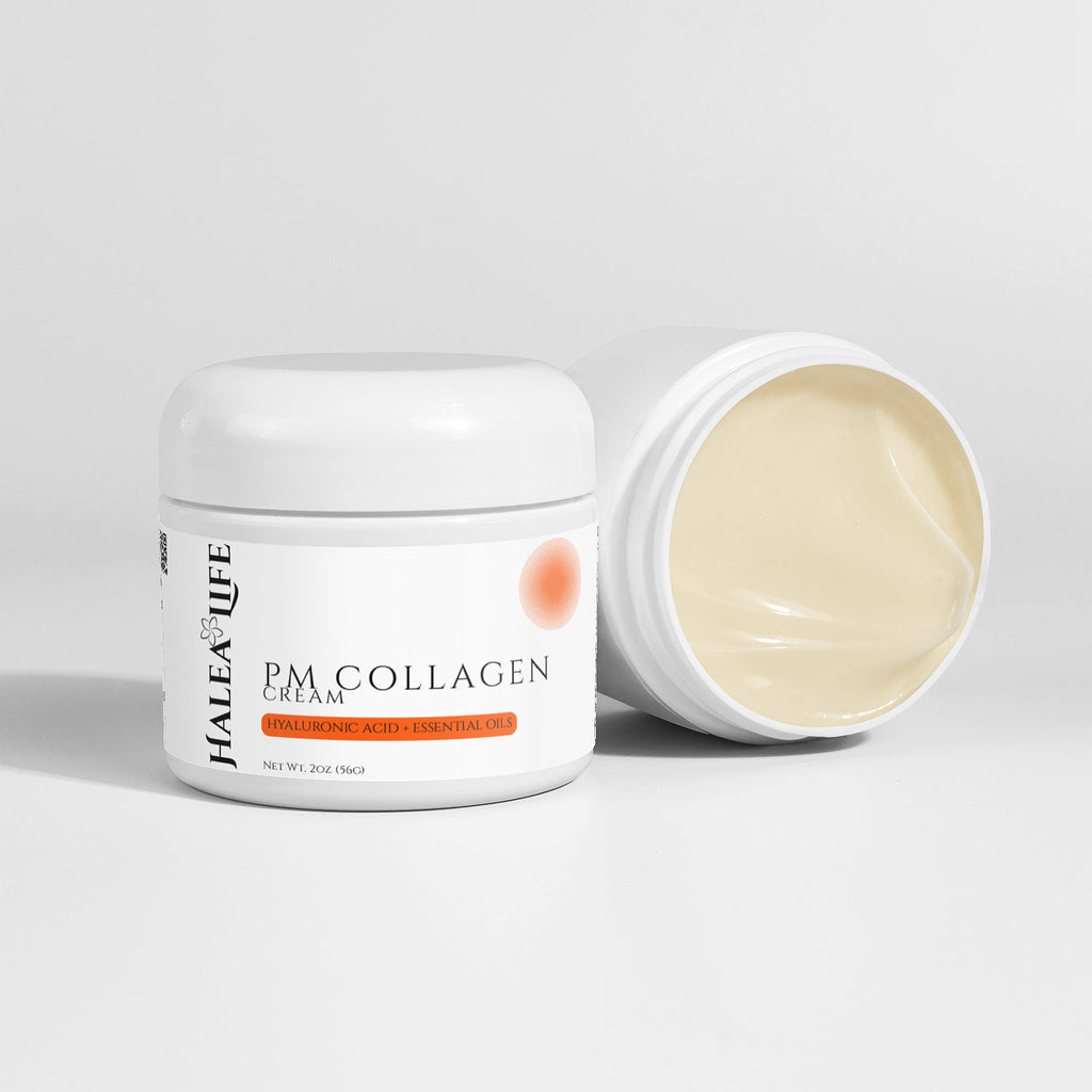 Halea Life PM Collagen Cream jar with open lid on a light gray background