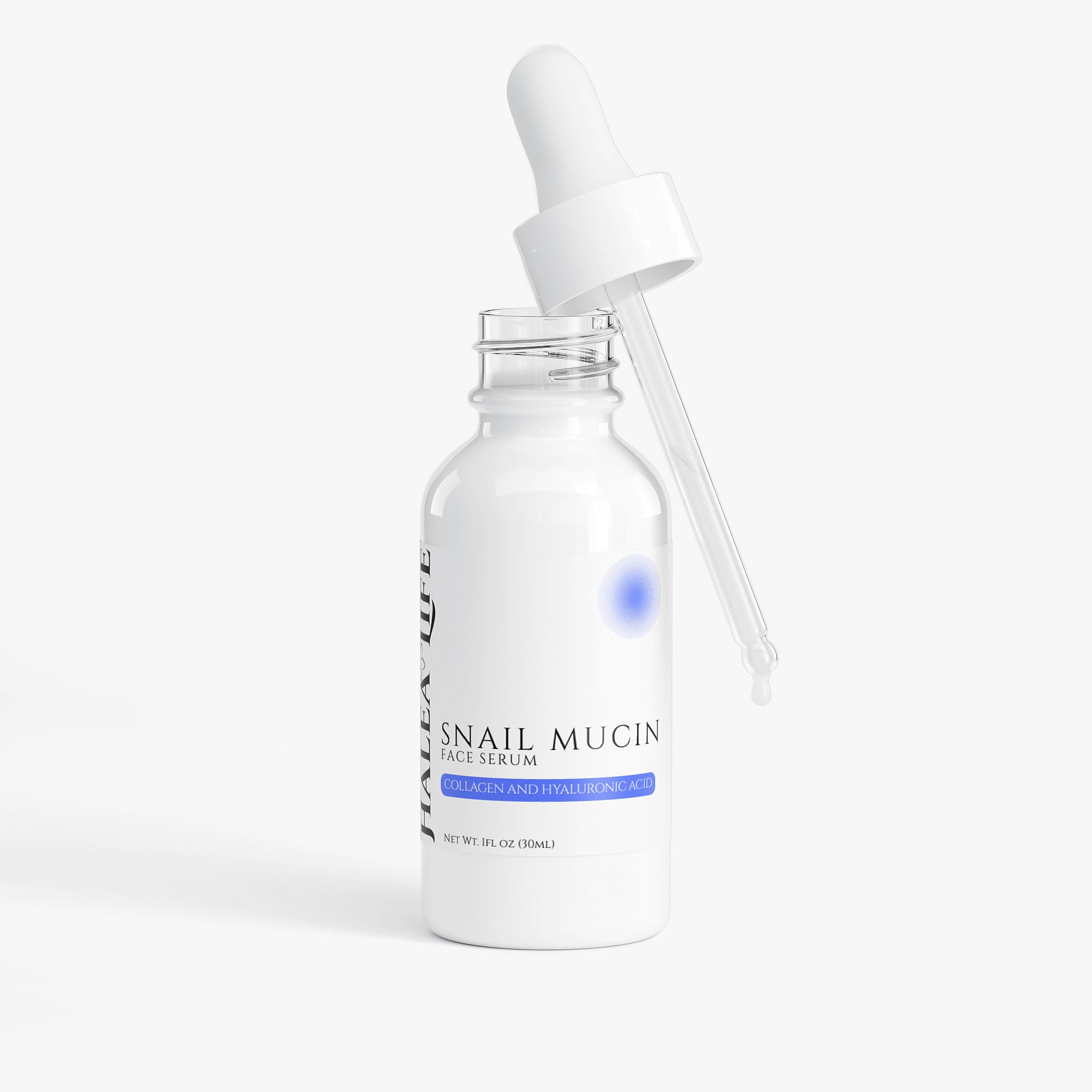 Snail mucin face serum bottle with dropper on a white background