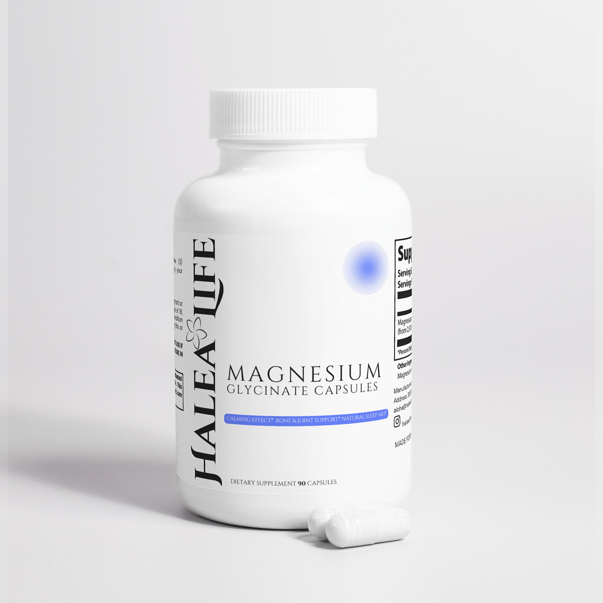 Halea Life Magnesium Glycinate Capsules bottle on a light gray background