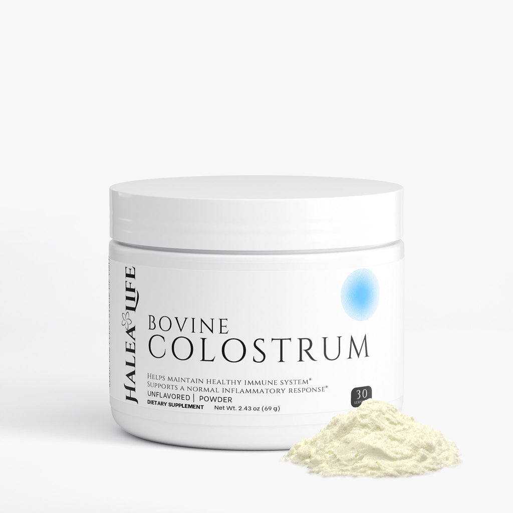 Jar of Bovine Colostrum powder with a white background