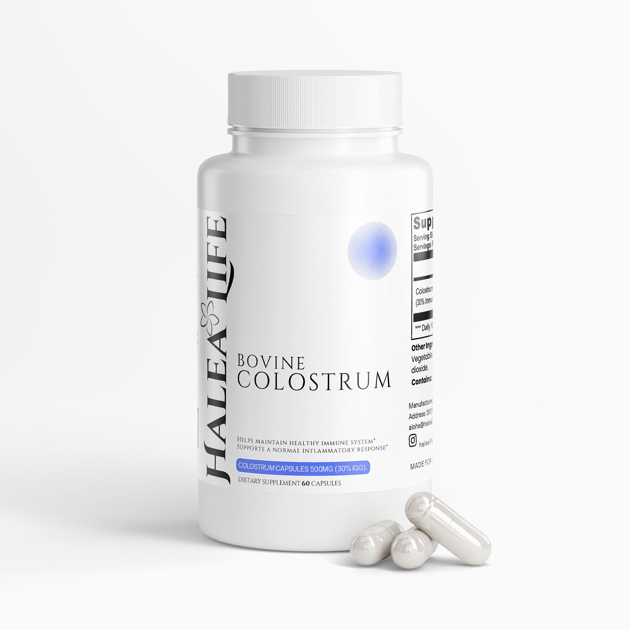 Bottle of Halea Life Bovine Colostrum on a white background