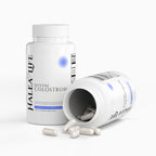 Halea Life Bovine Colostrum supplement bottle with open cap on a white background