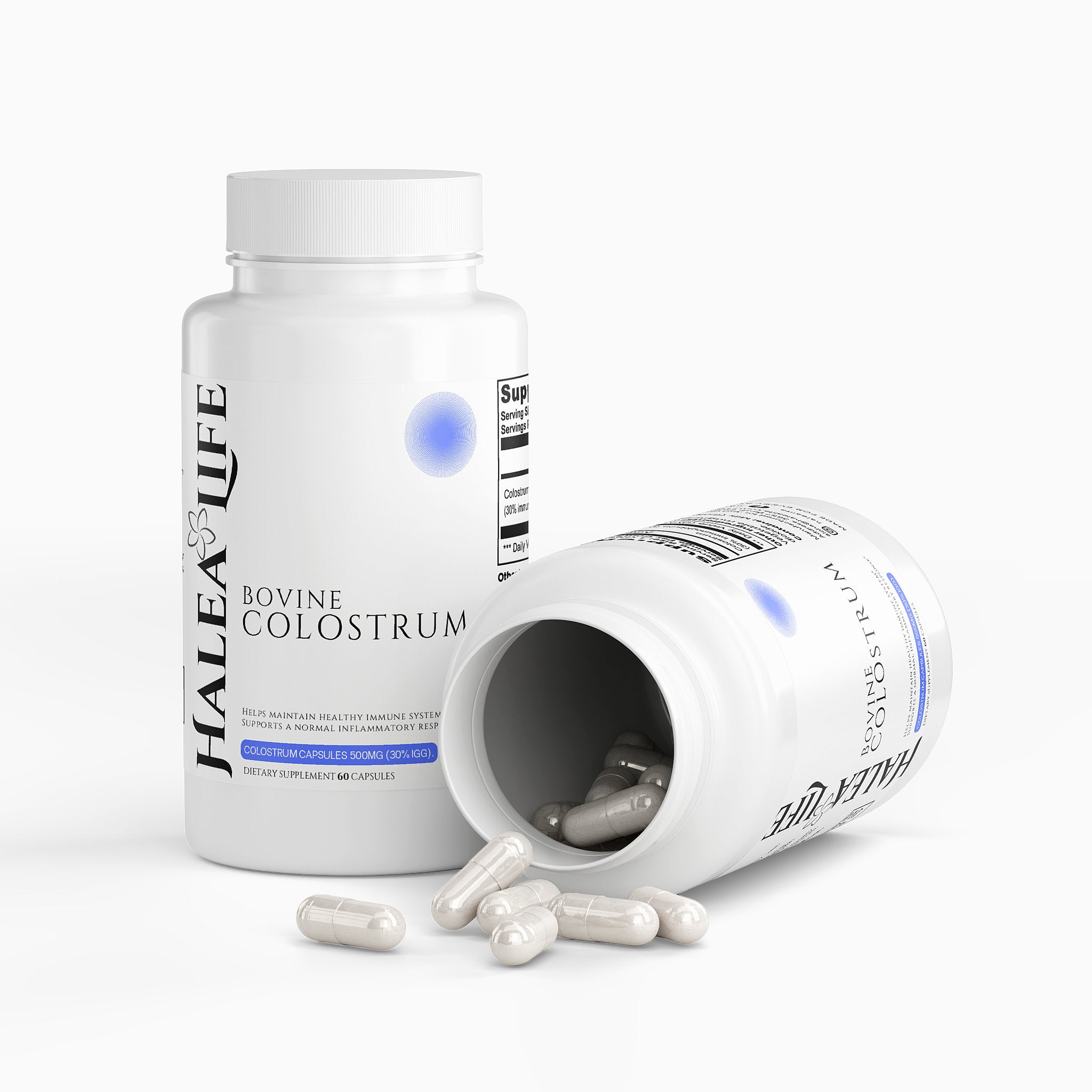 Halea Life Bovine Colostrum supplement bottle with open cap on a white background