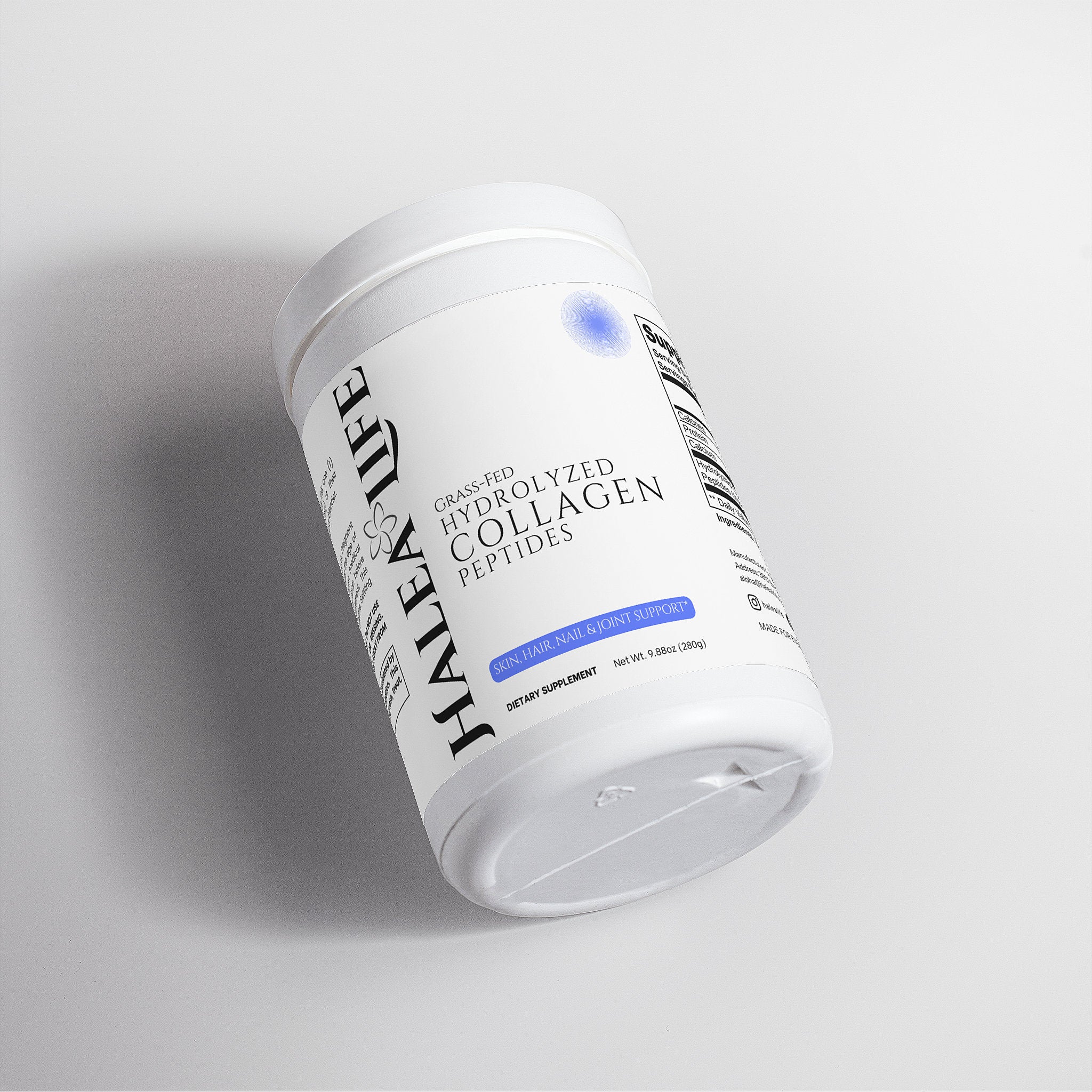 Container of Halea Life hydrolyzed collagen peptides on a light gray background
